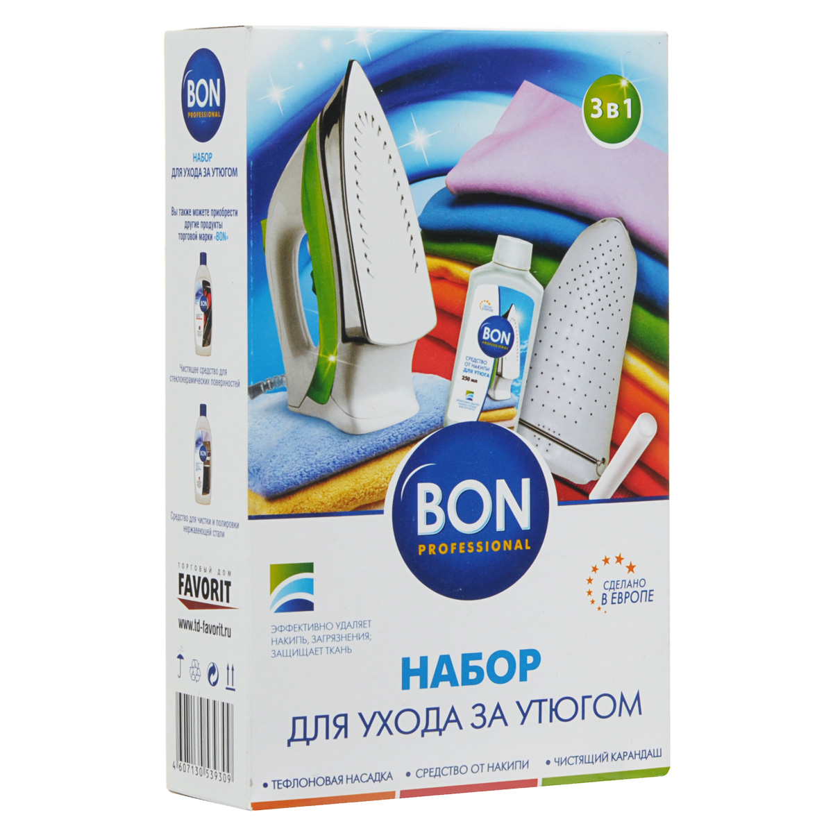 Набор для ухода за утюгом и деликатными тканями Bon, 3 предмета00980 Набор для ухода за утюгом и деликатными тканями Bon, 3 предмета00980Набор для ухода за утюгом и деликатными тканями Bon состоит из тефлоновой насадки, чистящего карандаша и средства от накипи. Тефлоновая насадка подходит для всех типов утюгов, защищает шелковые, синтетические, шерстяные и другие виды деликатных тканей от пятен и накипи от отпаривания. Защищает подошву утюга от загрязнений и механических повреждений, царапин от металлической фурнитуры, облегчает процесс глажения. Чистящий карандаш очищает подошву утюга от загрязнений, не царапает поверхность, улучшает скольжение ткани. Подходит для всех типов покрытий, незаменим для утюгов с тефлоновой подошвой. Специальное средство от накипи эффективно удаляет накипь и известковые отложения на нагревательных элементах утюгов. Защищает и улучшает их работу.Набор специально разработан для ухода за утюгом. Размер тефлоновой насадки: 24,5 см х 16 см х 0,5 см.Длина чистящего карандаша: 9,5 см.Объем средства от накипи: 250 мл.Состав: 5% неанионные ПАВ, лимонная кислота, вспомогательные вещества.
