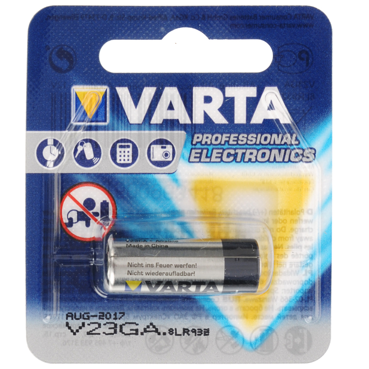 Батарейка Varta Professional Electronics, тип V23GA, 12В, 1 шт8467 Батарейка Varta Professional Electronics, тип V23GA, 12В, 1 шт8467Батарейка Varta Professional Electronics обеспечивает высокую энергию для автомобильных ключей, калькуляторов, фотоаппаратов и других электронных приборов.