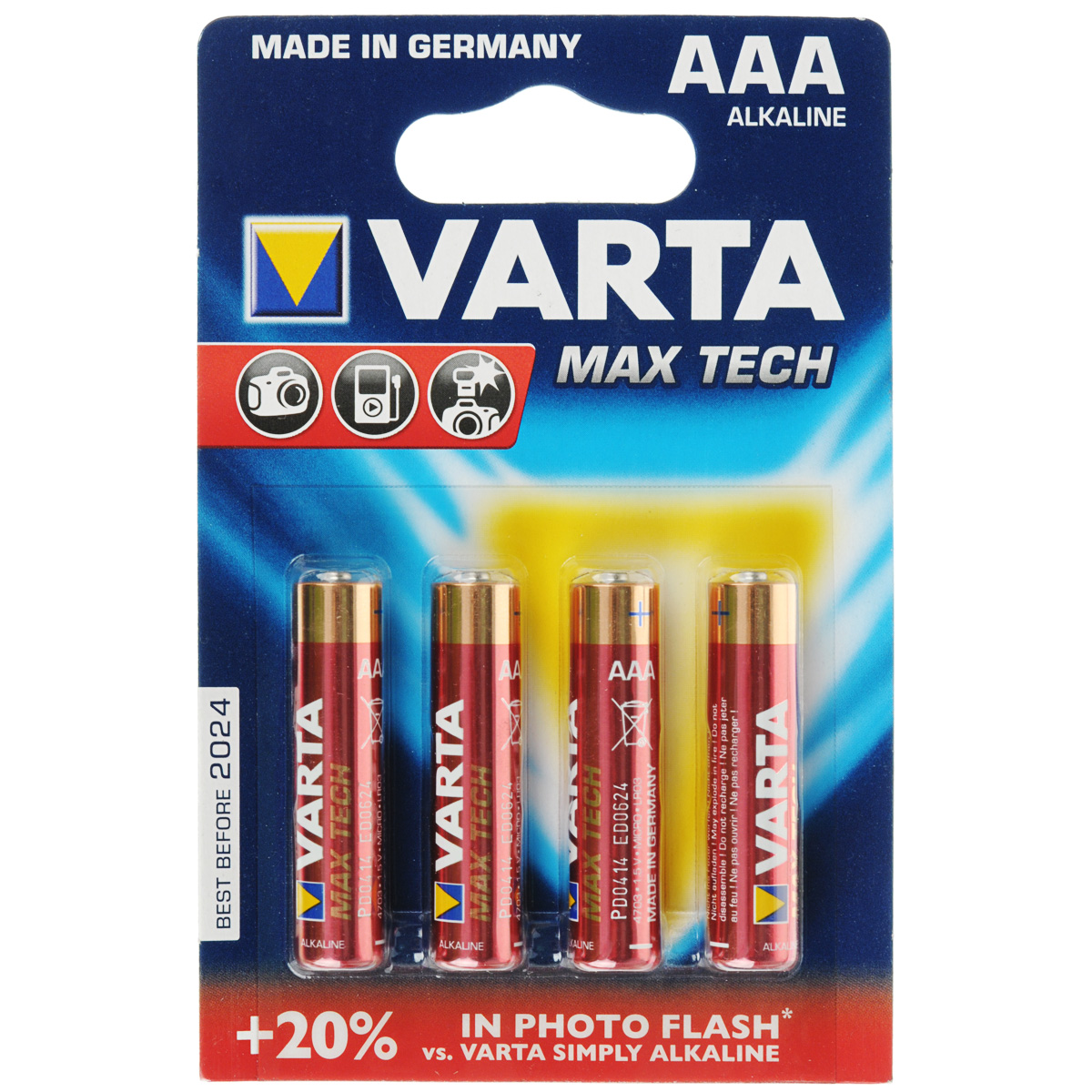 Батарейка Varta Max Tech, тип AAA, 1,5В, 4 штKOCLR6_96BOX Батарейка Varta Max Tech, тип AAA, 1,5В, 4 штKOCLR6_96BOXБатарейка Varta Max Tech обеспечивает точную энергию для таких устройств как: фотовспышки, цифровые фотокамеры, игровые приставки и т.п. Single Press Out Позволяет легко доставать батарейки из упаковки по 1 штуке.