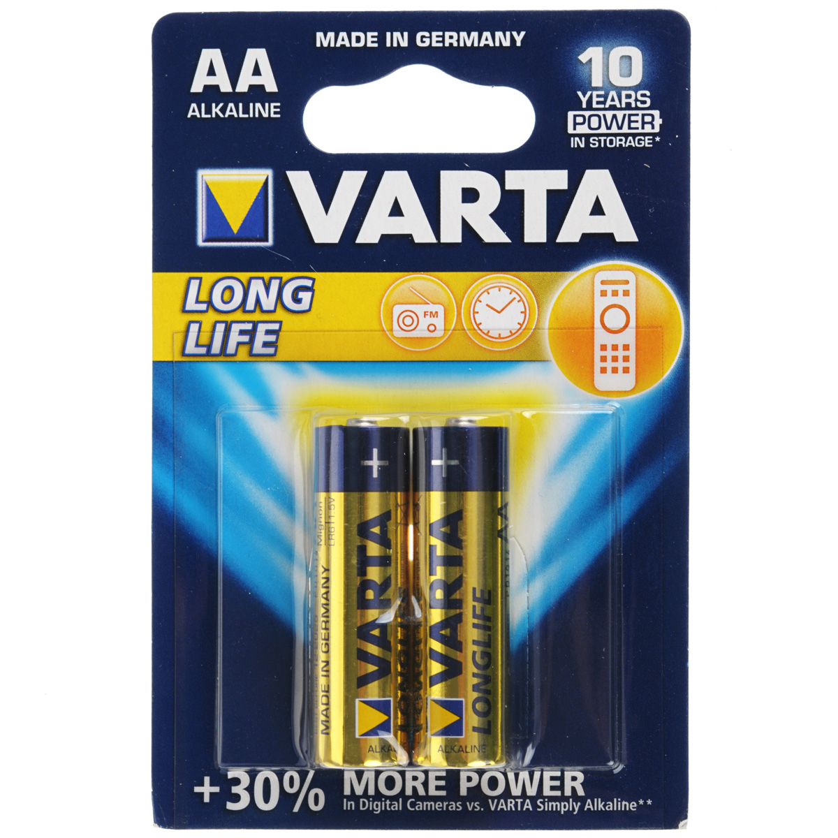 Батарейка Varta Longlife, тип AA, 1,5В, 2 шт1651 Батарейка Varta Longlife, тип AA, 1,5В, 2 шт1651Батарейки Longlife самые долгоиграющие из ассортимента батареек Varta. Данная линейка наилучшим образом подходит для приборов с невысоким и постоянным энергопотреблением, таких как: пульт управления, настенные часы, радио, микрофоны и фонарики. Single Press Out позволяет легко доставать батарейки из упаковки по 1 штуке.