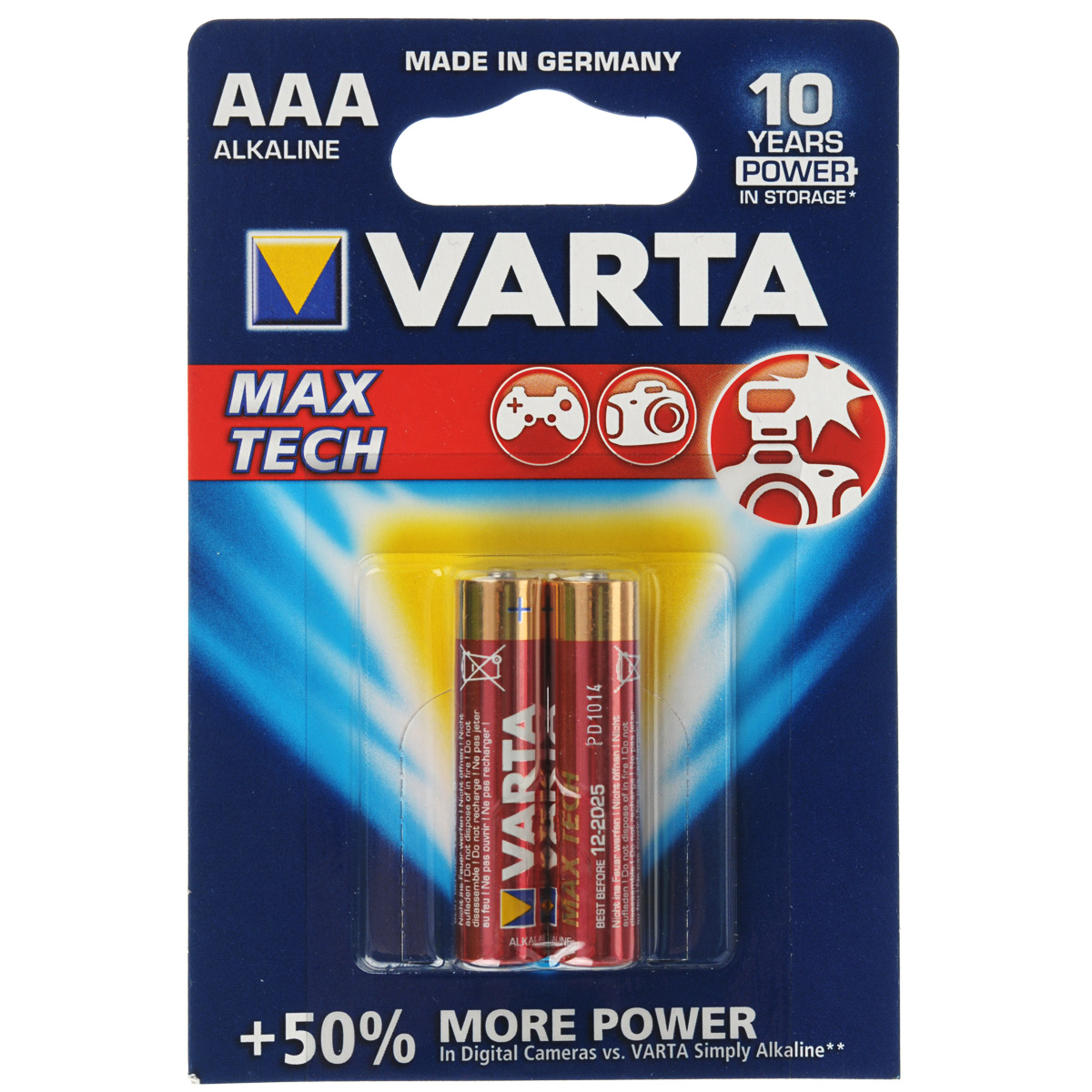 Батарейка Varta Max Tech, тип AAA, 1,5В, 2 шт38563 Батарейка Varta Max Tech, тип AAA, 1,5В, 2 шт38563Батарейка Varta Max Tech обеспечивает точную энергию для таких устройств как: фотовспышки, цифровые фотокамеры, игровые приставки и т.п. Single Press Out Позволяет легко доставать батарейки из упаковки по 1 штуке.