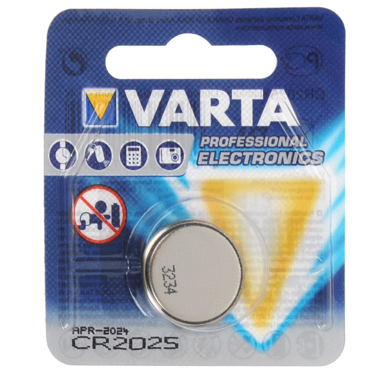 Батарейка Varta Professional Electronics, тип CR2025, 3В, 1 шт6107 Батарейка Varta Professional Electronics, тип CR2025, 3В, 1 шт6107Батарейка Varta Professional Electronics обеспечивает высокую энергию для автомобильных ключей, калькуляторов, фотоаппаратов и других электронных приборов.