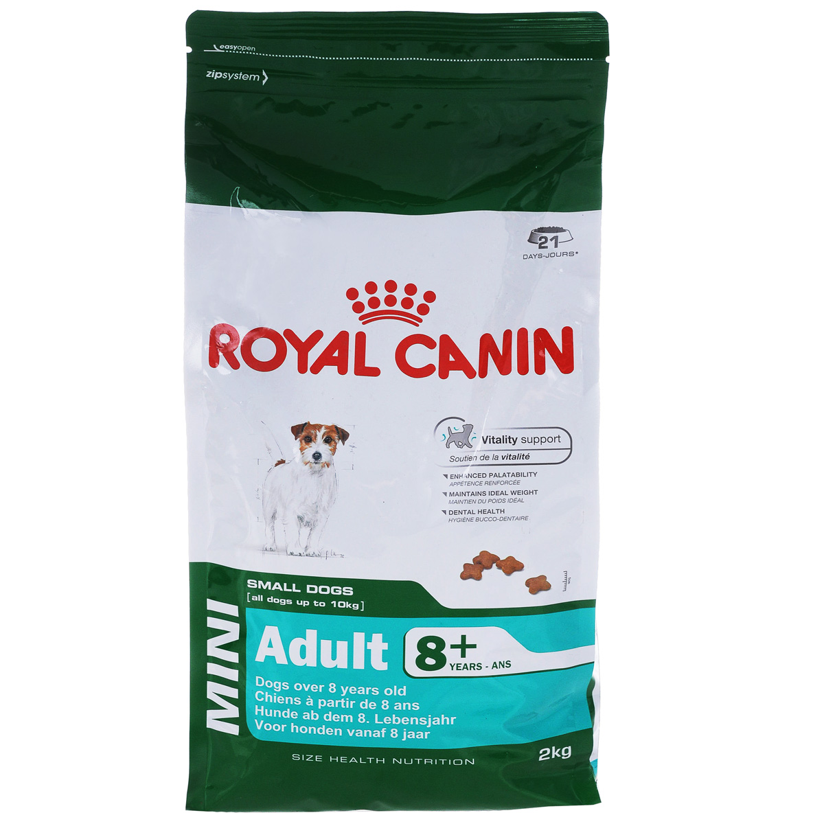Корм сухой Royal Canin Mini Adult 8+, для собак весом до 10 кг старше 8 лет, 2 кг0120710 Корм сухой Royal Canin Mini Adult 8+, для собак весом до 10 кг старше 8 лет, 2 кг0120710Сухой корм Royal Canin Mini Adult 8+ является полнорационным кормом для стареющих собак (в возрасте 8 лет и старше) мелких размеров.Особенности корма Royal Canin Mini Adult 8+: обеспечивает поддержание оптимального веса; питает шерсть собаки; способствует прекрасному аппетиту; помогает сократить отложение зубного камня.Состав: кукуруза, рис, дегидратированное мясо птицы, животные жиры, кукурузная клейковина, кукурузная мука, гидролизат белков животного происхождения, изолят растительных белков, свекольный жом, минеральные вещества, дрожжи, соевое масло, рыбий жир, фруктоолигосахариды.Пищевые добавки на 1 кг: витамин А 22200 МЕ, витамин D3 1000 МЕ, железо 47 мг, йод 4,7 мг, марганец 60 мг, цинк 181 мг, селен 0,08 мг, L-карнитин 50 мг, триполифосфат натрия 3,5 г, консервант, антиокислители.Питательные вещества: белки 27%, жиры 16%, минеральные вещества 4,7%, клетчатка 1,5%, медь 15 мг/кг.Товар сертифицирован.