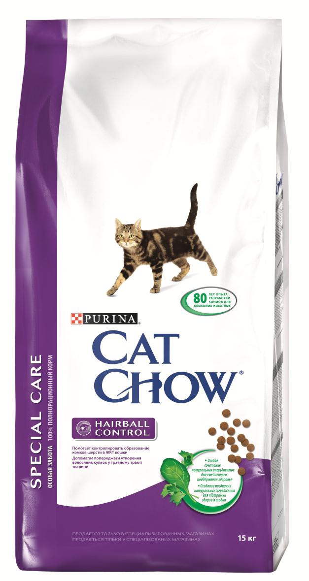 Корм сухой для кошек Cat Chow Special Care, контроль шерсти, 15 кг0120710 Корм сухой для кошек Cat Chow Special Care, контроль шерсти, 15 кг0120710Корм сухой Cat Chow Special Care - полнорационный корм для взрослых кошек, помогающий контролировать образование комков шерсти в желудочно-кишечном тракте. Сама природа вдохновляет компанию PURINA на разработку кормов, которые максимально отвечают потребностям ваших питомцев, с учетом их природных инстинктов. Имея более чем 80-ти летний опыт в области питания животных, PURINA создала новый корм Cat Chow - полностью сбалансированный корм, который не только доставит удовольствие вашей кошке, но и будет полезным для ее здоровья. Особенности корма Cat Chow Special Care:Высокое содержание мяса, с источниками высококачественного белка в каждой порции для поддержания оптимальной массы тела. Особое сочетание натуральных ингредиентов: тщательно отобранные травы и овощи (петрушка, шпинат, морковь, горох). Отборные ингредиенты придают особый аромат. Высокое содержание витамина Е для поддержания естественной защиты организма питомца. Содержит мякоть свеклы и цикорий для поддержания здорового пищеварения и уменьшения запаха от туалетного лотка. Специальная формула с добавлением источников пищевых волокон для контроля образования комков шерсти в желудочно-кишечном тракте. В особенности подходит для животных, живущих в помещении. Состав: злаки, мясо и субпродукты (мясо 14%), экстракт растительного белка, продукты переработки овощей (сухая мякоть свеклы 2,7%, петрушка 0,4%), масла и жиры, овощи (сухой корень цикория 2%, морковь 1,3%, шпинат 1,3%, зеленый горох 1,3%), рыба и продукты переработки рыбы, минеральные вещества, дрожжи. Добавленные вещества (на 1 кг): витамин А 14000 МЕ; витамин D3 1200 МЕ; витамин Е 100 МЕ, железо 55 мг; йод 1,4 мг; медь 10 мг; марганец 5 мг; цинк 70 мг; селен 0,07 мг. С антиокислителями. Гарантируемые показатели: белок 34%, жир 12%, сырая зола 7,5%, сырая клетчатка 5%.Товар сертифицирован.