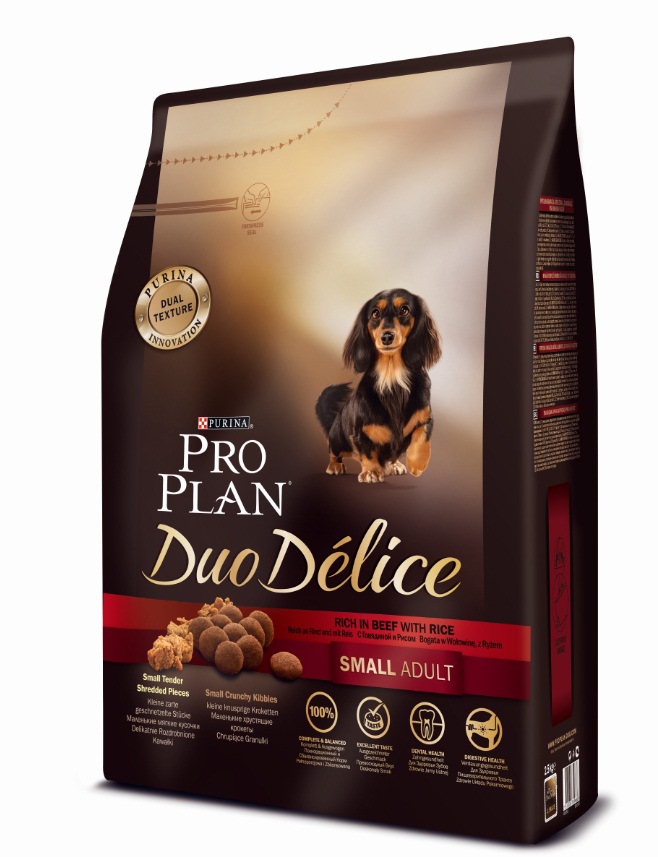 Корм сухой Pro Plan Duo Delice для собак мелких и карликовых пород, с говядиной и рисом, 2,5 кг101246 Корм сухой Pro Plan Duo Delice для собак мелких и карликовых пород, с говядиной и рисом, 2,5 кг101246Сухой корм Pro Plan Duo Delice - это полнорационный корм для взрослых собак мелких и карликовых пород. Это первый корм для собак, сочетающий в себе безупречные питательные свойства вместе с исключительным вкусом. Он состоит из уникального комплекса питательных хрустящих гранул и нежных измельченных кусочков мяса, которые собаки просто обожают. Состав: говядина (17%), пшеница, кукуруза, сухой белок птицы, животный жир, пшеничный глютен, сухая мякоть свеклы, рис (4%), минеральные вещества, вкусоароматическая кормовая добавка, пропиленгликоль, яичный порошок, рыбий жир, солодовая мука, витамины. Добавленные вещества (на 1 кг): витамин А 28200 МЕ; витамин D3 920 МЕ; витамин Е 550 МЕ; витамин С 140 мг; железо 75 мг; йод 1,9 мг; медь 10 мг; марганец 35 мг; цинк 140 мг; селен 0,12 мг. Технологические добавки: экстракт токоферолов натурального происхождения 60 мг/кг. Гарантируемые показатели: белок 27%, жир 17%, сырая зола 8%, сырая клетчатка 2%. Товар сертифицирован.