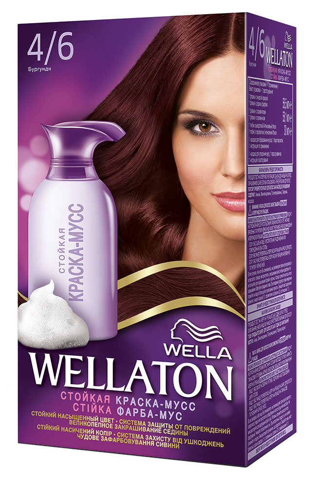 Краска-мусс для волос Wellaton 4/6. БургундияMP59.3D Краска-мусс для волос Wellaton 4/6. БургундияMP59.3DСтойкая краска-мусс Wellaton - живой насыщенный цвет и легкое бережное нанесение. Насладитесь живым насыщенным цветом. Краска-мусс обеспечивает бережное нанесение и защиту от подтеков. Она равномерно распределяется по волосам, насыщая каждый волос совершенным цветом. Система защиты от повреждений дарит волосам потрясающий блеск и мягкость шелка благодаря специальной формуле мусса и питательной сыворотке. Такая же стойкость, как привычные краски! 100% закрашивание седины. Характеристики: Номер краски: 4/6. Цвет: бургундия. Объем краски: 56,5 мл. Объем проявителя: 58,1 мл. Объем питательной сыворотки: 30 мл. Производитель: Германия.В комплекте: 1 тюбик с краской, 1 флакон с проявителем, 1 тюбик с питательной сывороткой, 1 пара перчаток, инструкция по применению. Товар сертифицирован.Внимание! Продукт может вызвать аллергическую реакцию, которая в редких случаях может нанести серьезный вред вашему здоровью. Проконсультируйтесь с врачом-специалистом передприменениемлюбых окрашивающих средств.
