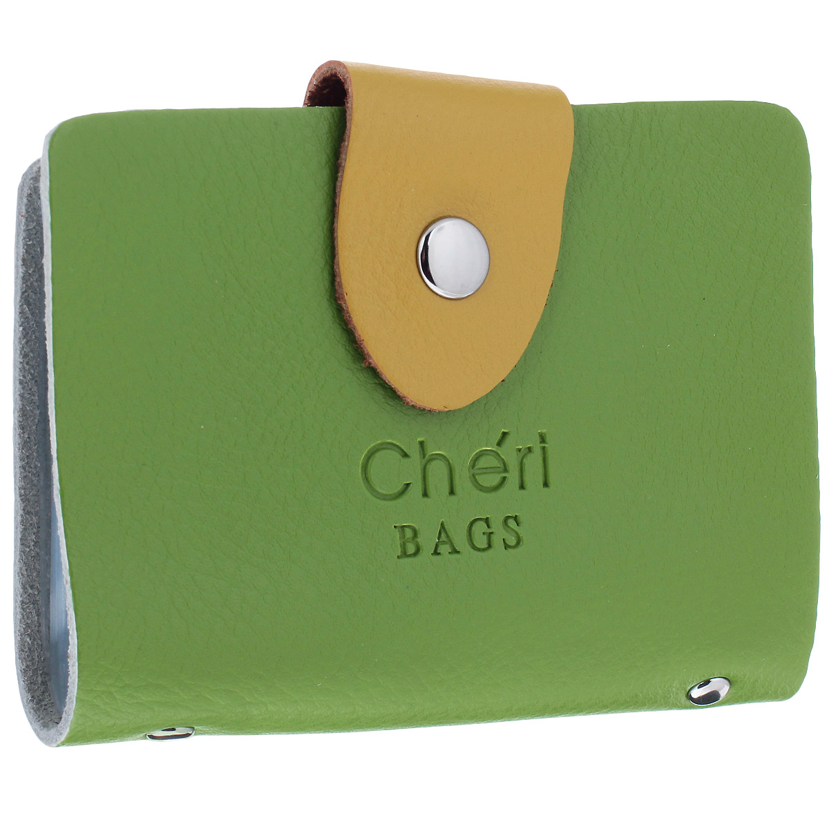 Визитница Cheribags, цвет: зеленый, желтый. V-0498-14INT-06501 Визитница Cheribags, цвет: зеленый, желтый. V-0498-14INT-06501Трендовая визитница Cheribags изготовлена из натуральной кожи и декорирована тисненым названием бренда спереди. Изделие закрывается хлястиком на кнопку. Внутри - блок из прозрачного мягкого пластика на 26 визиток, который крепится к корпусу визитницы на металлические заклепки.Стильная визитница - это не только практичная вещь для хранения пластиковых карт, но и модный аксессуар, который подчеркнет ваш неповторимый стиль.