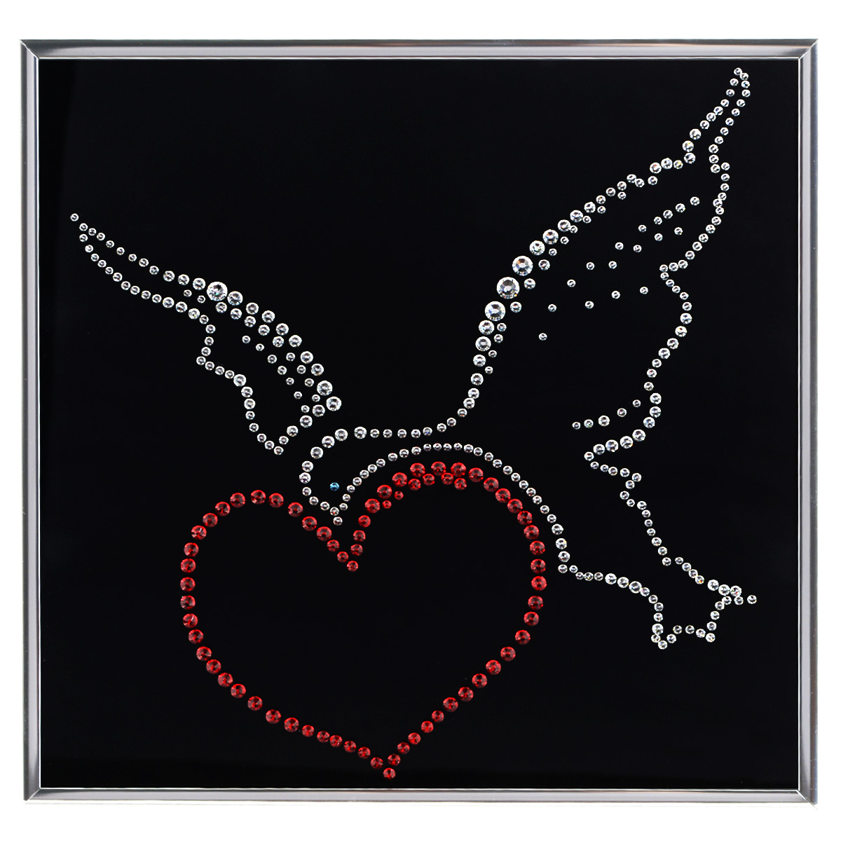 Картина с кристаллами Swarovski Птица счастья, 25 см х 25 смRG-D31S Картина с кристаллами Swarovski Птица счастья, 25 см х 25 смRG-D31SИзящная картина в металлической раме, инкрустирована кристаллами Swarovski, которые отличаются четкой и ровной огранкой, ярким блеском и чистотой цвета. Красочное изображение сердца с птицей, расположенное под стеклом, прекрасно дополняет блеск кристаллов. С обратной стороны имеется металлическая петелька для размещения картины на стене. Картина с кристаллами Swarovski Птица счастья элегантно украсит интерьер дома или офиса, а также станет прекрасным подарком, который обязательно понравится получателю. Блеск кристаллов в интерьере, что может быть сказочнее и удивительнее. Картина упакована в подарочную картонную коробку синего цвета и комплектуется сертификатом соответствия Swarovski. Количество кристаллов: 352 шт. Размер картины: 25 см х 25 см.