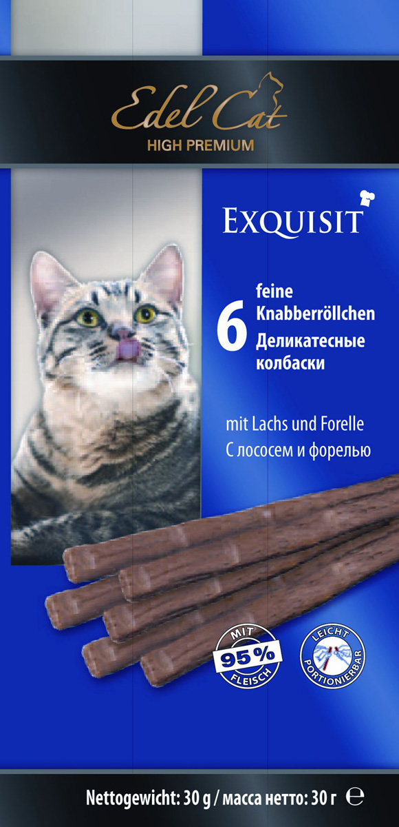 Колбаски жевательные для кошек Edel Cat, с лососем и форелью, 30 г, 6 шт0120710 Колбаски жевательные для кошек Edel Cat, с лососем и форелью, 30 г, 6 шт0120710Жевательные колбаски Edel Cat используются в качестве лакомства и как дополнение к основному корму кошки старше 8 месяцев. На 95% состоят из свежего мяса с добавлением витаминно-минерального комплекса. Специальные рисочки на колбаске облегчат ее ломание. Противопоказано котятам, моложе восьми месяцев, кошкам с лишним весом, с сахарным диабетом, с заболеваниями почек или печени.Состав: мясо и мясопродукты (95%, в т.ч. 6% лосося, 6% форели), минеральные вещества.Технологические добавки: антиоксиданты, консерванты.Аналитический состав: сырой протеин 33,5%, влажность 28%, сырой жир 20%, сырая зола 10%, сырая клетчатка 2%.Вес: 30 г.Товар сертифицирован.