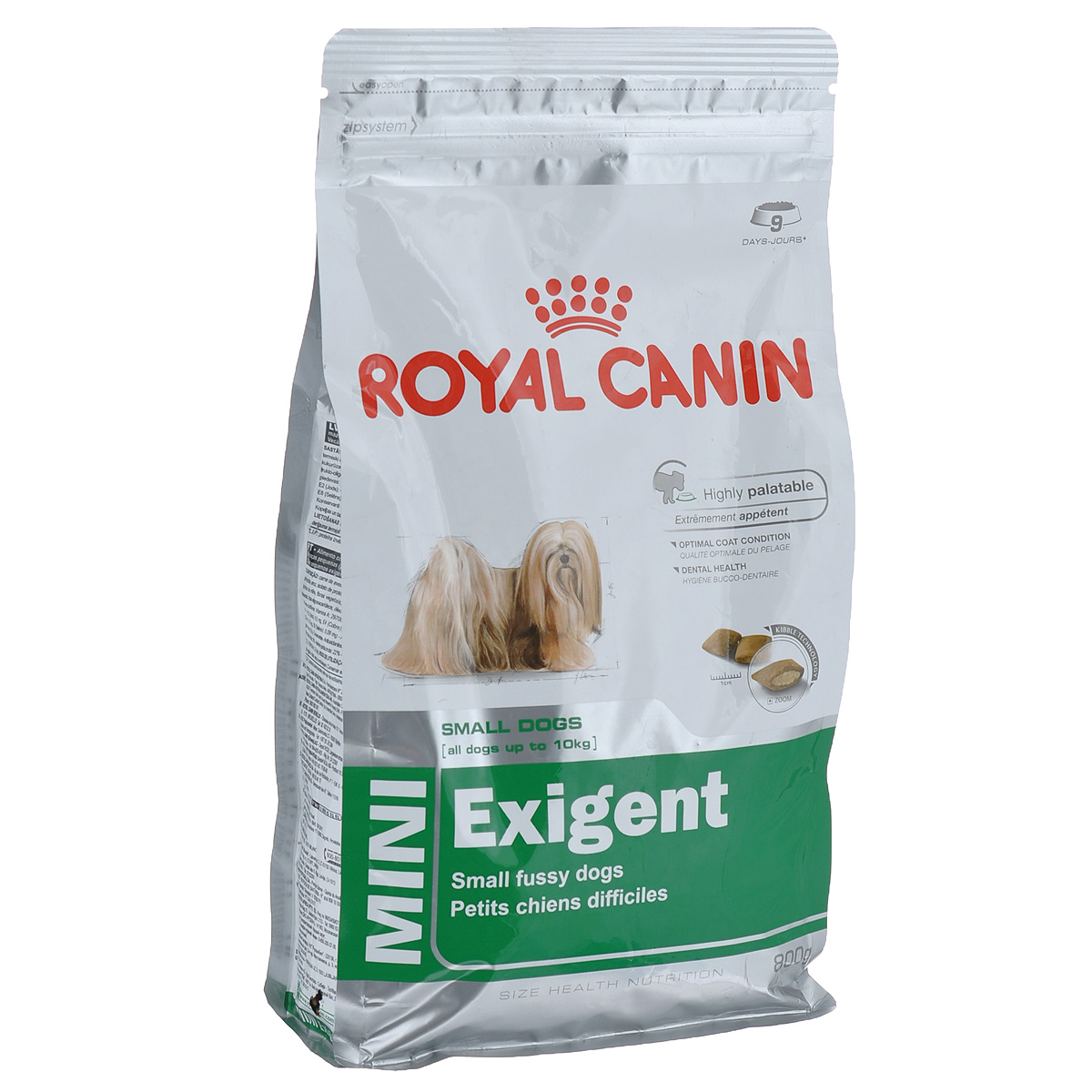 Корм сухой Royal Canin Mini Exigent, для собак мелких пород, привередливых в питании, 800 г0120710 Корм сухой Royal Canin Mini Exigent, для собак мелких пород, привередливых в питании, 800 г0120710Полнорационный сухой корм Royal Canin Mini Exigent для подходит собакам мелких размеров (вес взрослой собаки до 10 кг) старше 10 месяцев. Специальная технология изготовления крокет сочетает 2 вида текстур (хрустящую и мягкую), а также уникальные вкусовые добавки, что придется по вкусу даже самым привередливым собакам мелких размеров. Корм питает шерсть благодаря включению в состав корма серосодержащих аминокислот (метионин и цистин), жирных кислот Омега 6 и витамина А. Помогает замедлить образование зубного налета благодаря полифосфату натрия, который связывает кальций, содержащийся в слюне.Состав: дегидратированное мясо птицы, животные жиры, предварительно обработанная пшеничная мука, рис, изолят растительных белков L.I.P., гидролизат белков животного происхождения, кукурузная мука, растительная клетчатка, свекольный жом, рыбий жир, минеральные вещества, фруктоолигосахариды, масло огуречника аптечного 0,1%.Добавки в 1 кг: витамин А 29700 МЕ, витамин D3 800 МЕ, железо 45 мг, йод 4,5 мг, марганец 58 мг, цинк 175 мг, селен 0,09 мг, триполифосфат натрия 3,5 г, сорбат калия, пропилгаллат, БГА.Содержание питательных веществ: белки 30%, жиры 22%, минеральные вещества 4,1%, клетчатка пищевая 2,7%, EPA/DHA 2,5 г, медь 15 мг.Товар сертифицирован.