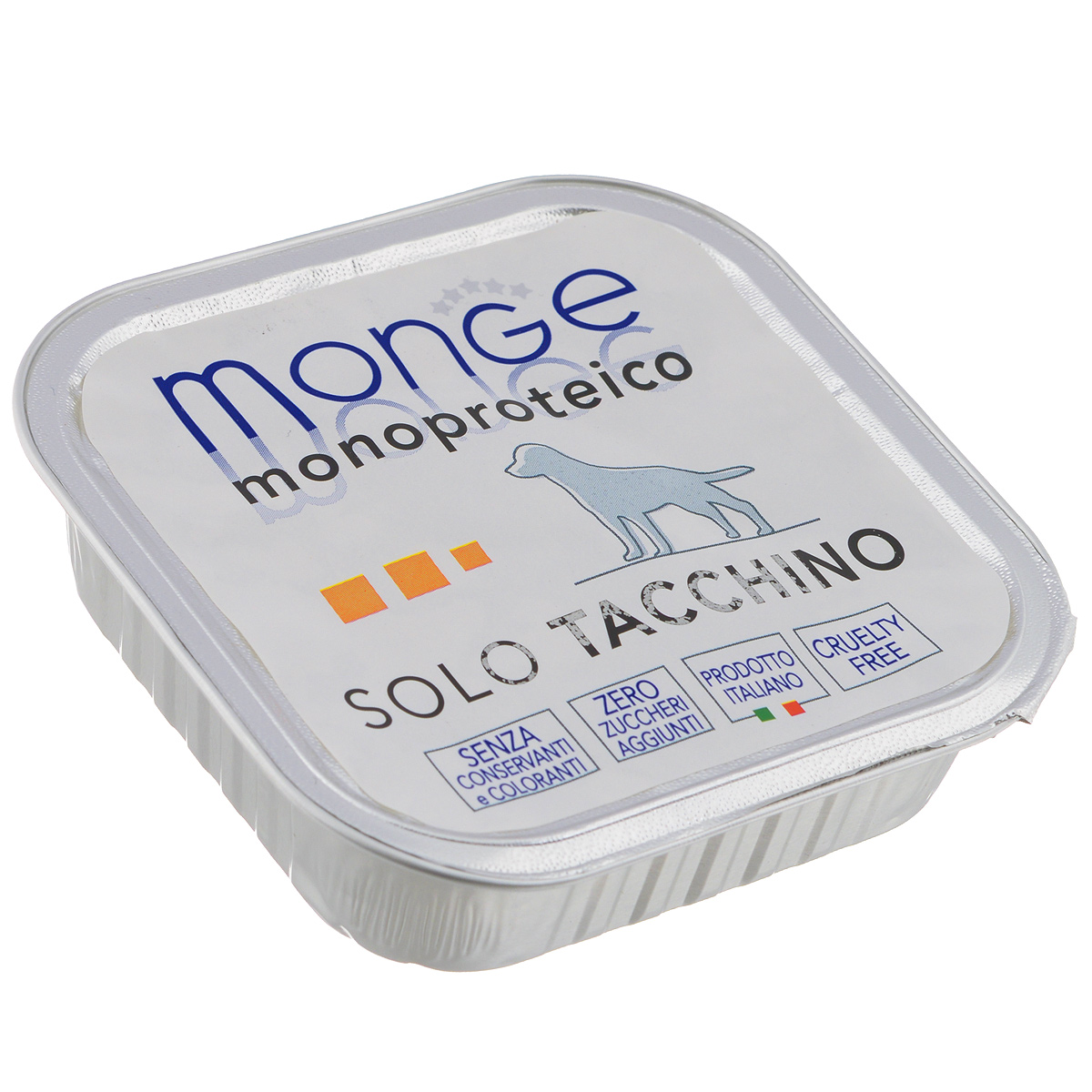 Консервы для собак Monge Monoproteico Solo, паштет из индейки, 150 г0120710 Консервы для собак Monge Monoproteico Solo, паштет из индейки, 150 г0120710Консервы для собак Monge Monoproteico Solo - монобелковый паштет с мясом индейки для собак. Состав: свежая индейка (соответствует 100% использованного мяса), минеральные вещества, витамины. В данном продукте нет клейковины, красителей, консервантов, а также глютена. Технологические добавки: загустители и желирующие вещества. Анализ компонентов: сырой белок 8%, сырые масла и жиры 6,5%, сырая клетчатка 0,5%, сырая зола 1,5%, влажность 80%. Витамины и добавки на 1 кг: витамин А 2500 МЕ, витамин D3 300 МЕ, витамин Е 7 мг. Товар сертифицирован.