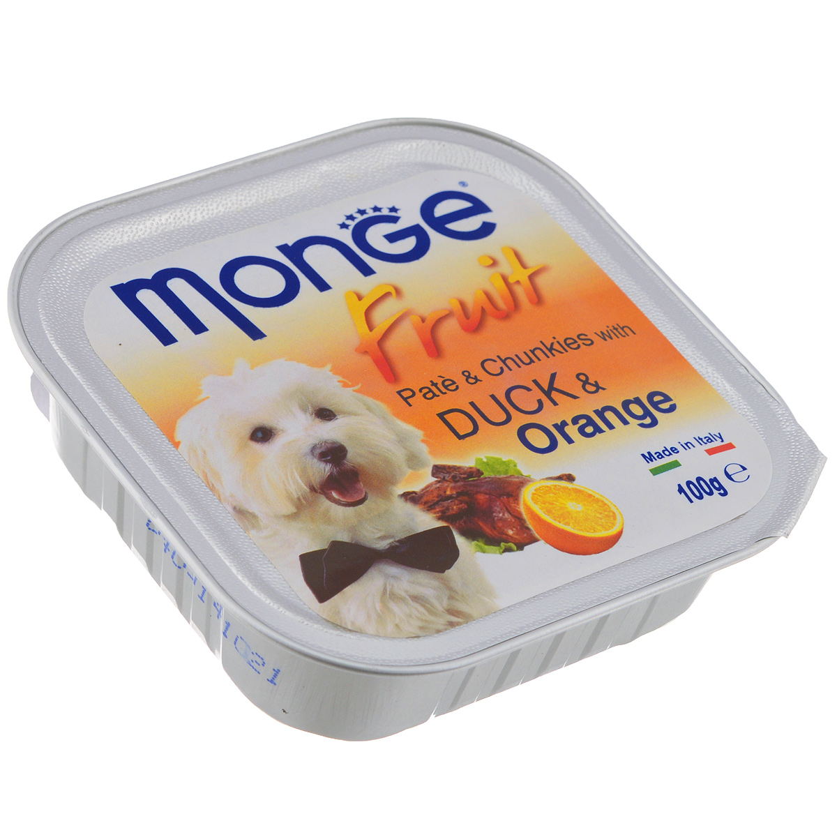 Консервы для собак Monge Fruit, утка с апельсином, 100 г0120710 Консервы для собак Monge Fruit, утка с апельсином, 100 г0120710Консервы для собак Monge Fruit - это полнорационный корм для собак. Паштет с уткой и апельсином. Состав: свежее мясо 80% (содержание утиного мяса мин. 10%), апельсин 4%, минеральные вещества, витамины. Технологические добавки: загустители и желирующие вещества. Анализ компонентов: белок 8,5%, жир 7%, сырая клетчатка 0,5%, сырая зола 2,2%, влажность 80%. Витамины и добавки на 1 кг: витамин А 3000 МЕ, витамин D3 400 МЕ, витамин Е 15 мг. Товар сертифицирован.