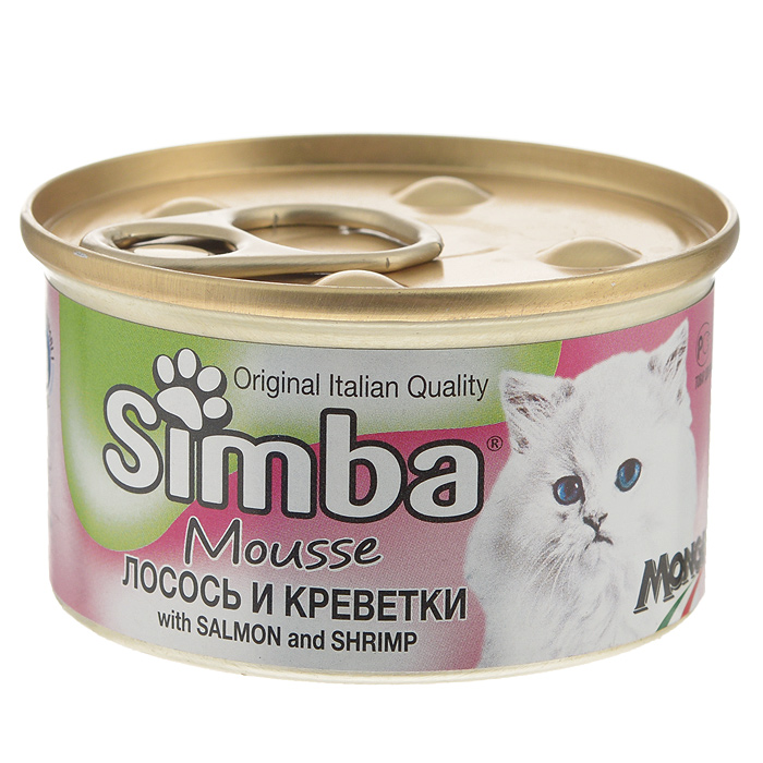 Консервы для кошек Monge Simba, мусс с лососем и креветками, 85 г12260274 Консервы для кошек Monge Simba, мусс с лососем и креветками, 85 г12260274Консервы для кошек Monge Simba - это полноценный сбалансированный корм для кошек. Мусс с лососем и креветками. Ежедневная норма для кошки среднего размера (3-4 кг) - 400 г. Порцию можно разделить на несколько приемов.Состав: рыба и рыбные субпродукты (лосось 7%, креветки 7%), мясо и мясные субпродукты, злаки, минеральные вещества. Анализ компонентов: сырой белок 11%, сырой жир 2,5%, сырая клетчатка 0,5%, сырая зола 2%, влажность 78%.Витамины и добавки на 1 кг: витамин D3 250 МЕ, витамин Е 5 мг, загустители, желирующие вещества. Товар сертифицирован.