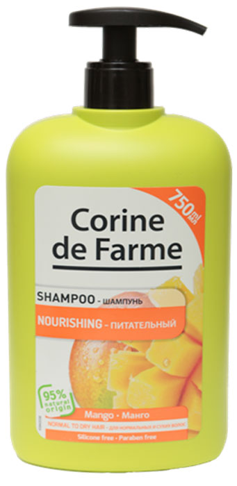 Corine De Farme Питательный шампунь с Манго, 750 млMP59.4D Corine De Farme Питательный шампунь с Манго, 750 млMP59.4DПитательный шампунь с манго естественным образом питает и придает мягкость нормальным и сухим волосам. Состав обогащен манго и кокосовым молочком, которые питают волосы и восстанавливают их гладкость.