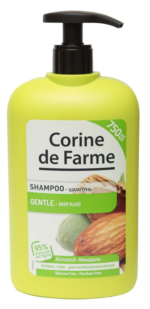 Corine De Farme Мягкий шампунь с миндалем, 750 мл21075530 Corine De Farme Мягкий шампунь с миндалем, 750 мл21075530Мягкий Шампунь с Миндалем питает волосы и делает их здоровыми и блестящими. Обогащен экстрактом миндаля и медом. (экстракт миндаля содержит витамин С, витамины В1 и В2 и провитамин А. Мед содержит аминокислоты минералы и увлажняющие компоненты)