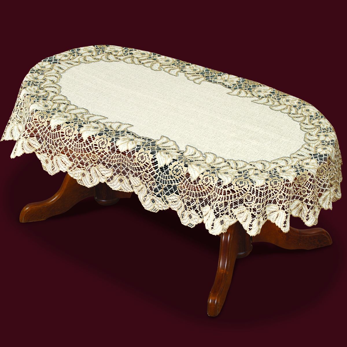 Скатерть Haft, овальная, цвет: кремовый, золотистый, 240x 140 см. 42771-14042771-140 Скатерть Haft, овальная, цвет: кремовый, золотистый, 240x 140 см. 42771-14042771-140Великолепная овальная скатерть Haft, выполненная из полиэстера, органично впишется в интерьер любого помещения, а оригинальный дизайн удовлетворит даже самый изысканный вкус. Скатерть изготовлена из сетчатого материала с ажурным цветочным рисунком по краям. Края скатерти закруглены.Скатерть Haft создаст праздничное настроение и станет прекрасным дополнением интерьера гостиной, кухни или столовой.