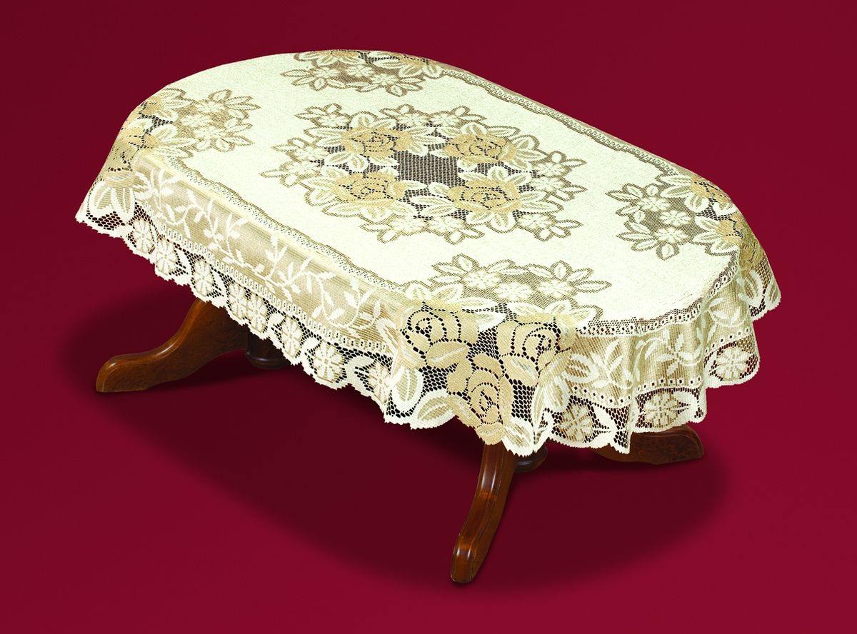Скатерть Haft, овальная, цвет: кремовый, золотистый, 120x 300 см. 54111-150811-008 Скатерть Haft, овальная, цвет: кремовый, золотистый, 120x 300 см. 54111-150811-008Великолепная овальная скатерть Haft, выполненная из полиэстера, органично впишется в интерьер любого помещения, а оригинальный дизайн удовлетворит даже самый изысканный вкус. Скатерть изготовлена из сетчатого материала с ажурным рисунком. Края скатерти закруглены.Скатерть Haft создаст праздничное настроение и станет прекрасным дополнением интерьера гостиной, кухни или столовой.