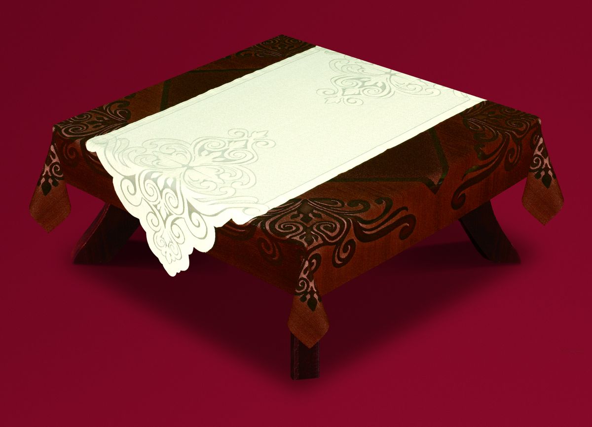 Скатерть Haft, с накладкой, квадратная, цвет: коричневый, молочный, 140x 140 см. 54722-14021 395 598 Скатерть Haft, с накладкой, квадратная, цвет: коричневый, молочный, 140x 140 см. 54722-14021 395 598Великолепная квадратная скатерть Haft, выполненная из полиэстера, органично впишется в интерьер любого помещения, а оригинальный дизайн удовлетворит даже самый изысканный вкус. Скатерть изготовлена из сетчатого материала с ажурным цветочным рисунком по краям. В комплекте прямоугольная накладка, декорированная ажурным цветочным рисунком. Комплект Haft создаст праздничное настроение и станет прекрасным дополнением интерьера гостиной, кухни или столовой. Размер скатерти: 140 см х 140 см.Размер накладки: 60 см х 140 см.