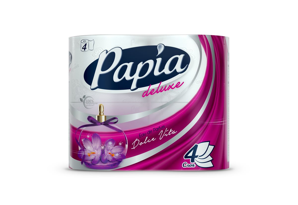 Туалетная бумага Papia Deluxe Dolce Vita ароматизированная, четырехслойная, цвет: белый, 4 рулона010-01199-23 Туалетная бумага Papia Deluxe Dolce Vita ароматизированная, четырехслойная, цвет: белый, 4 рулона010-01199-23Четырехслойная туалетная бумага Papia Deluxe Dolce Vita изготовлена из целлюлозы высшего качества. Листы оформлены тисненым рисунком в виде цветов и надписи Papia. Мягкая, нежная, но в тоже время прочная, бумага не расслаивается и отрывается строго по линии перфорации. Бумага ароматизированная.Туалетная бумага Papia Deluxe Dolce Vita предназначена для тех, кто хочет, чтобы ванная была самая уютная на свете, а нежный аромат парфюма поднимет вам настроение.Товар сертифицирован. Материал: 100% целлюлоза. Количество листов (в одном рулоне): 140 шт. Количество слоев: 4. Размер листа: 9,5 см х 12,5 см. Длина рулона: 17,5 м.