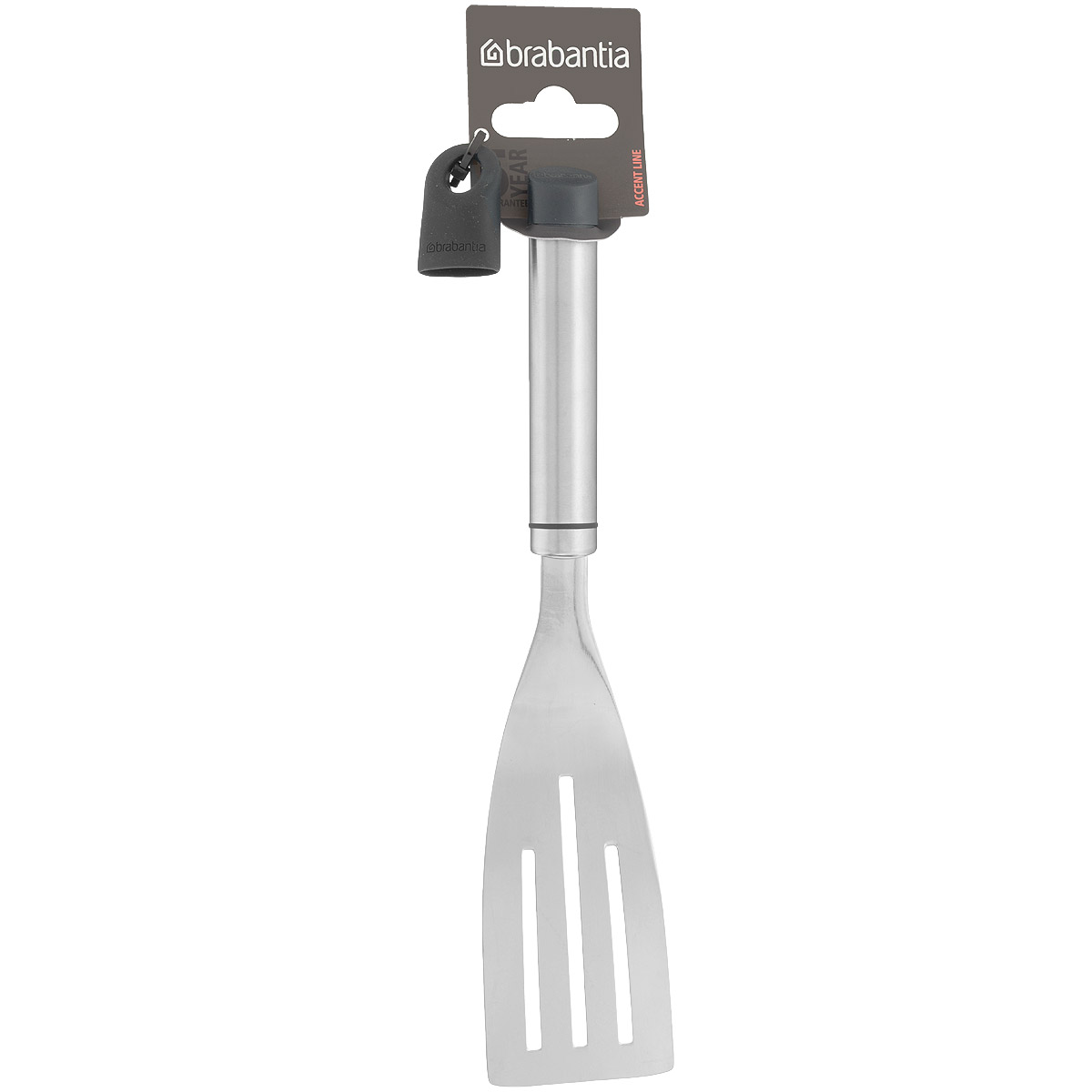 Лопатка с прорезями Brabantia Accent, малая, длина 26 см54 009312 Лопатка с прорезями Brabantia Accent, малая, длина 26 см54 009312Лопатка с прорезями Brabantia Accent поможет достать приготовленные продукты, одновременно позволяя излишнему жиру стечь через специально предусмотренные отверстия. Лопатка выполнена из высококачественной нержавеющей стали с зеркальной полировкой. Благодаря отсутствию сварных швов изделие гигиенично и удобно в очистке. В комплекте съемный силиконовый колпачок черного цвета для рукоятки. Используя съемные колпачки разных цветов (продаются отдельно), вы можете создавать свой оригинальный стиль. Можно мыть в посудомоечной машине.Длина лопатки: 26 см. Размер рабочей поверхности: 5,3 см х 10 см.