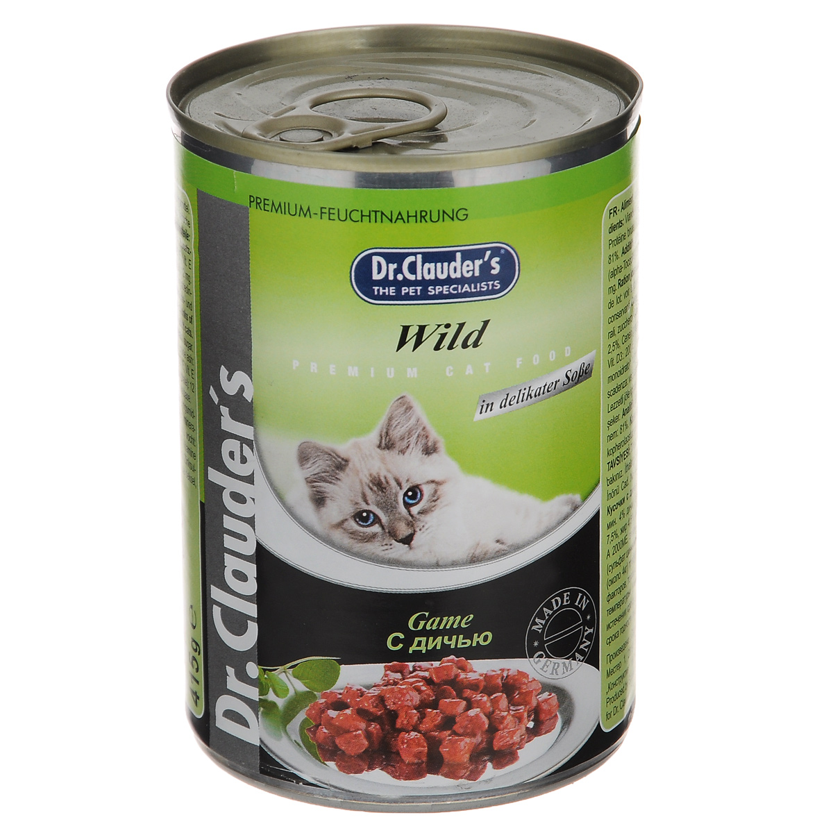 Консервы для кошек Dr. Clauders, с дичью, 415 г0120710 Консервы для кошек Dr. Clauders, с дичью, 415 г0120710Консервы для кошек Dr.Clauders - полнорационный корм для взрослых кошек. Кусочки с дичью. Без консервантов и красителей. Состав: мясо и мясные субпродукты (мин. 4% дичи), злаки, минералы, сахар. Содержание питательных веществ: протеин 7,5%, жир 4,5%, зола 2,5%, клетчатка 0,5%, влага 81%.Пищевые добавки (на 1 кг): витамин А 20000 МЕ, витамин D3 200 МЕ, витамин Е (альфа-токоферол) 20 мг, таурин 350 мг, цинк 12 мг. Товар сертифицирован.