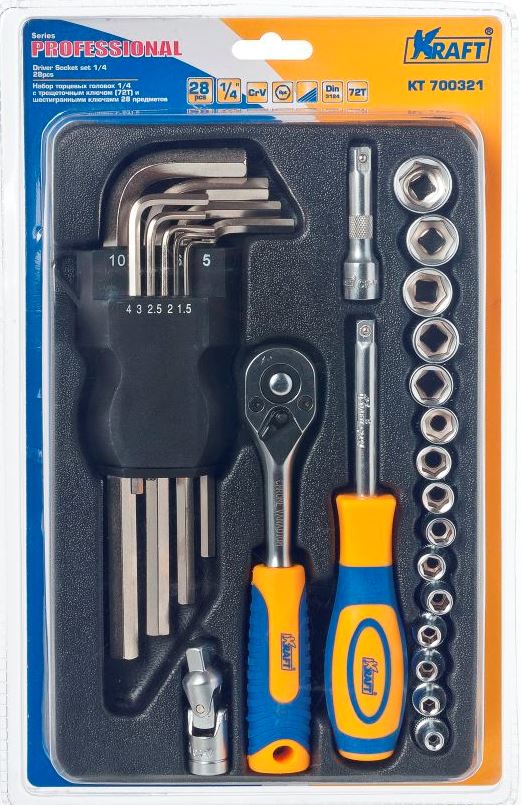 Набор инструментов Kraft Professional, 1/4, 28 предметов98298130 Набор инструментов Kraft Professional, 1/4, 28 предметов98298130Набор слесарно-монтажного инструмента Kraft Professional предназначен для работы с резьбовыми соединениями. Головка с храповым механизмом устраняет необходимость каждый раз устанавливать ключ на крепежный элемент. Состав набора: шестигранные торцевые головки 1/4: 3,5 мм, 4 мм, 4,5 мм, 5 мм, 5,5 мм, 6 мм, 6,5 мм, 7 мм, 8 мм, 9 мм, 10 мм, 11 мм, 12 мм, 13 мм, 14 мм;кардан шарнирный 1/4;рукоятка трещоточная с быстрым сбросом 1/4: 145 мм, 72 зубца; удлинитель 1/4 100 мм; рукоятка-удлинитель 1/4; ключи торцевые шестигранные Г-образные: 1,5 мм, 2 мм, 2,5 мм. 3 мм, 4 мм, 5 мм, 6 мм, 8 мм, 10 мм.Торцевые головки Kraft Professional изготовлены из хромованадиевой стали марки 50BV30 со специальным трехслойным покрытием, обеспечивающим долговременную защиту от механических повреждений.