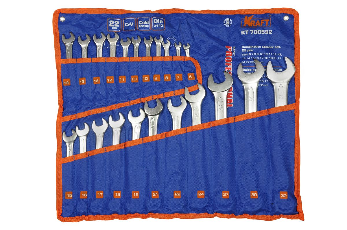Набор комбинированных гаечных ключей Kraft Professional, 6 мм - 32 мм, 22 шт98298130 Набор комбинированных гаечных ключей Kraft Professional, 6 мм - 32 мм, 22 шт98298130Набор комбинированных ключей Kraft Professional предназначен для профессионального применения в решении сантехнических, строительных и авторемонтных задач, а также для бытового использования. Ключи изготовлены из хромованадиевой стали.Размеры ключей входящих в набор: 6 мм, 7 мм, 8 мм, 9 мм, 10 мм, 11 мм, 12 мм, 13 мм, 14 мм, 15 мм, 16 мм, 17 мм, 18 мм, 19 мм, 21 мм, 22 мм, 24 мм, 27 мм, 30 мм, 32 мм. Комбинированный ключ представляет собой соединение рожкового и накидного гаечных ключей. Обе стороны комбинированного ключа имеют одинаковый размер. Комбинированный ключ - это необходимый предмет в каждом доме.
