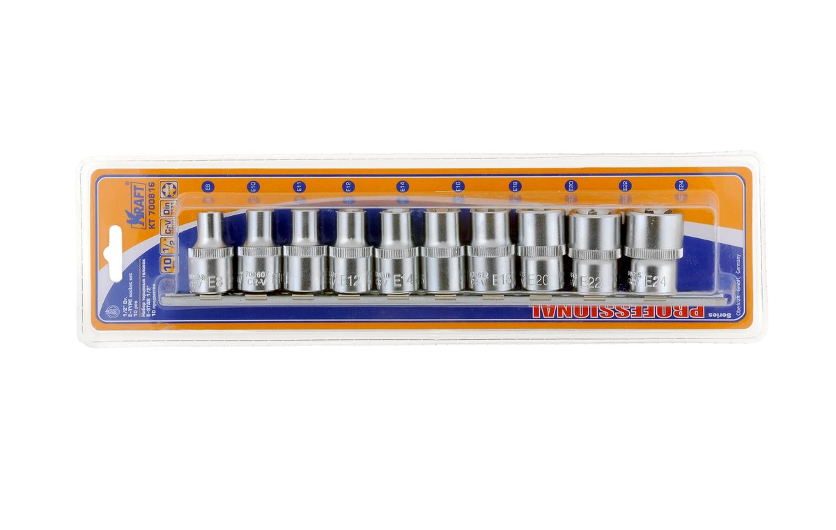 Набор торцевых головок Kraft Professional E-star, 1/2, Е8 - Е24, 10 шт98298130 Набор торцевых головок Kraft Professional E-star, 1/2, Е8 - Е24, 10 шт98298130В набор Kraft Professional E-star входят шестигранные торцевые головки на планке под квадрат 1/2 следующих размеров: Е8, Е10, Е11, Е12, Е14, Е16, Е18, Е20, Е22, Е24. Головки выполнены из хромованадиевой стали.Торцевые головки Kraft Professional E-star имеющие внутренний рабочий профиль звездочка, изготовлены из хромованадиевой стали марки 50BV30 со специальным трехслойным покрытием, обеспечивающим долговременную защиту от механических повреждений.