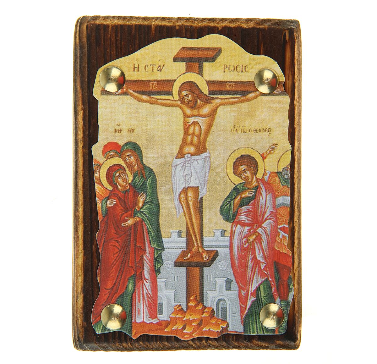 Икона Распятие Христово, 7,5 х 11 смFS-91909 Икона Распятие Христово, 7,5 х 11 смFS-91909Икона Распятие Христово выполнена из картона, с нанесенным изображением, который крепиться на деревянную дощечку, обработанную огнем. На обратной стороне имеется отверстие, благодаря которому икону удобно вешать на стену. Изображенный образ полностью соответствует канонам Русской Православной Церкви. Такая икона будет прекрасным подарком с духовной составляющей.