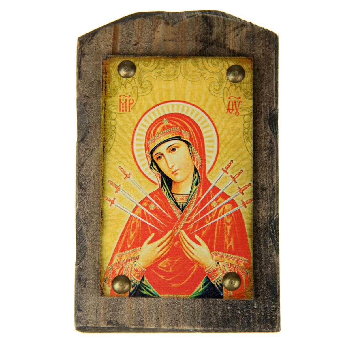 Икона на дереве Семистрельная икона Божией Матери, 9,5 х 15 см54 009312 Икона на дереве Семистрельная икона Божией Матери, 9,5 х 15 см54 009312Икона Семистрельная икона Божией Матери изготовлена из состаренного дерева с полноцветным изображением и металлическими элементами. Икона выполнена в стиле древних греческих икон. На ее обратной стороне имеется подвес, поэтому ее удобно вешать на стену. Изображенный образ полностью соответствует канонам Русской Православной Церкви. Икона выглядит по-настоящему богатой и старинной. Такая икона будет прекрасным подарком с духовной составляющей.