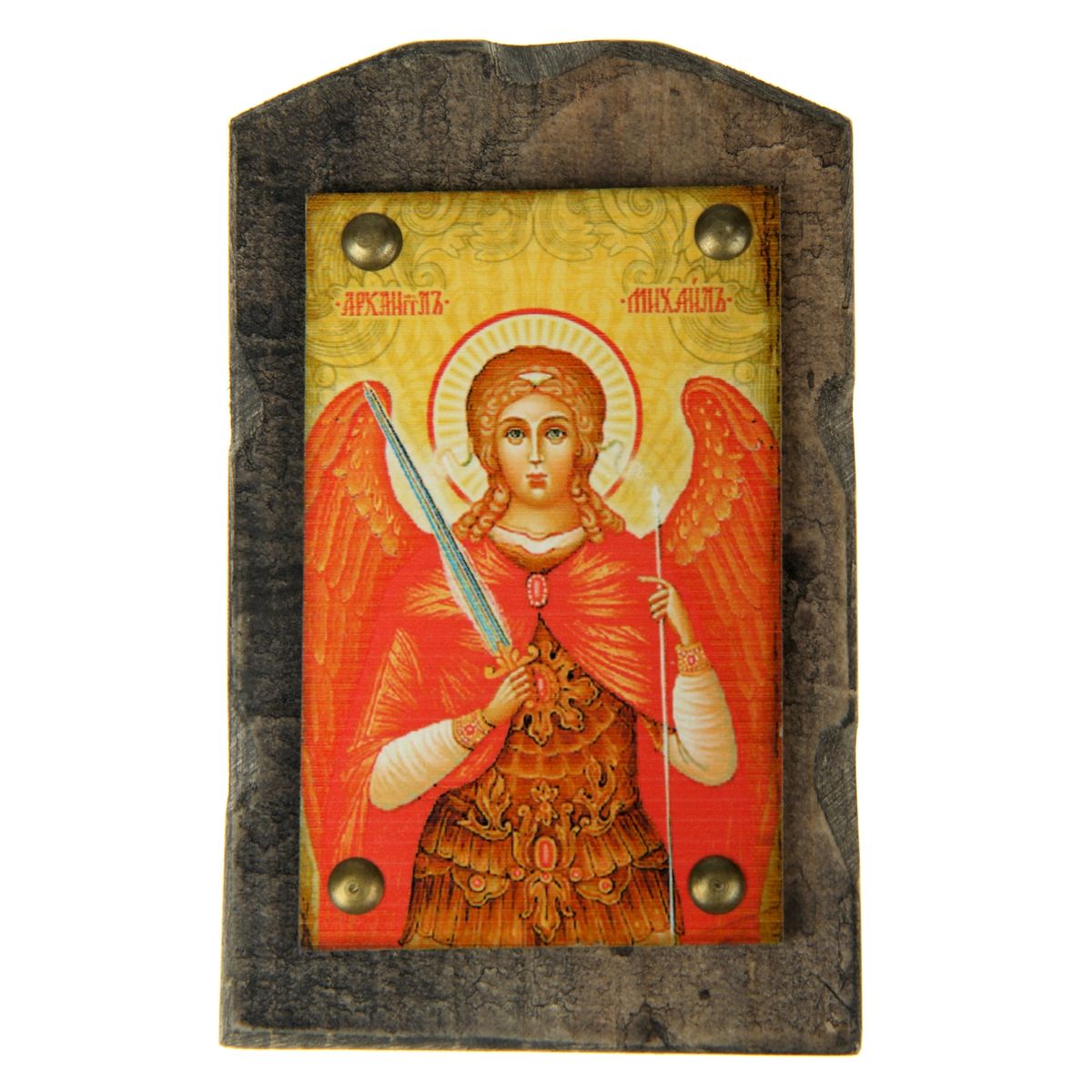 Икона на дереве Архангел Михаил, 9,5 см х 15 смFS-80299 Икона на дереве Архангел Михаил, 9,5 см х 15 смFS-80299Икона Архангел Михаил изготовлена из состаренного дерева с полноцветным изображением и металлическими элементами. Икона выполнена в стиле древних греческих икон. На ее обратной стороне имеется подвес, поэтому ее удобно вешать на стену. Изображенный образ полностью соответствует канонам Русской Православной Церкви. Икона выглядит по-настоящему богатой и старинной. Такая икона будет прекрасным подарком с духовной составляющей.