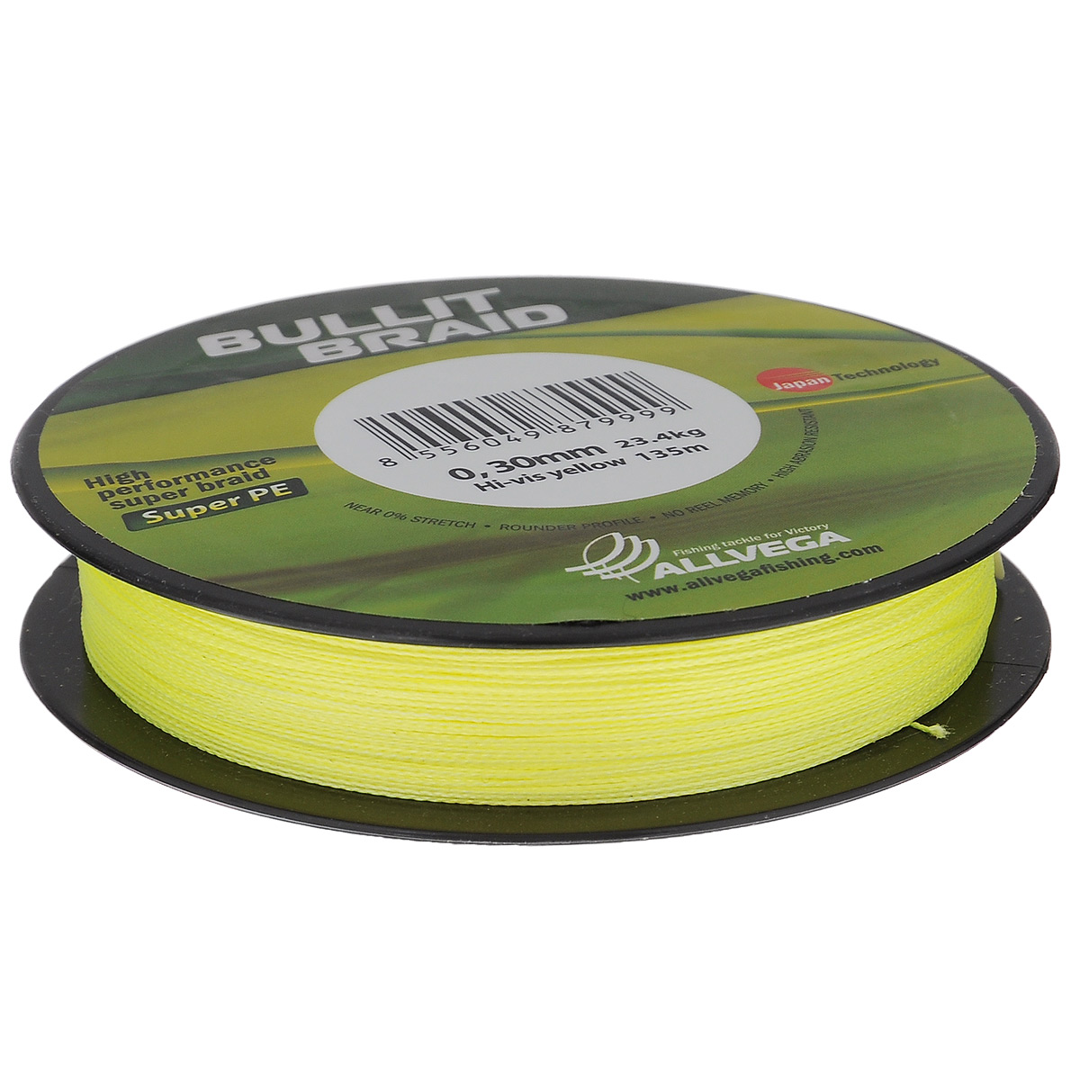 Леска плетеная Allvega Bullit Braid, цвет: ярко-желтый, 135 м, 0,3 мм, 23,4 кг010-01199-23 Леска плетеная Allvega Bullit Braid, цвет: ярко-желтый, 135 м, 0,3 мм, 23,4 кг010-01199-23Леска Allvega Bullit Braid разработана с учетом новейших японских технологий в сфере строения волокон. Благодаря микроволокнам полиэтилена (Super PE) леска имеет очень плотное плетение, не впитывает воду, имеет гладкую круглую поверхность и одинаковое сечение по всей длине.