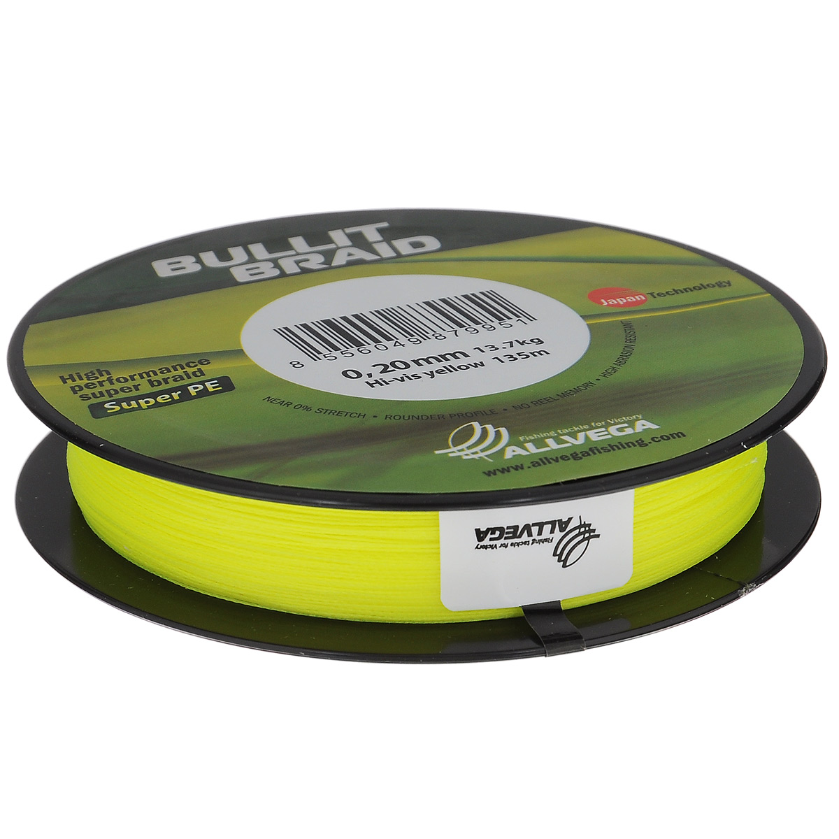 Леска плетеная Allvega Bullit Braid, цвет: ярко-желтый, 135 м, 0,2 мм, 13,7 кг95437-530 Леска плетеная Allvega Bullit Braid, цвет: ярко-желтый, 135 м, 0,2 мм, 13,7 кг95437-530Леска Allvega Bullit Braid разработана с учетом новейших японских технологий в сфере строения волокон. Благодаря микроволокнам полиэтилена (Super PE) леска имеет очень плотное плетение, не впитывает воду, имеет гладкую круглую поверхность и одинаковое сечение по всей длине.