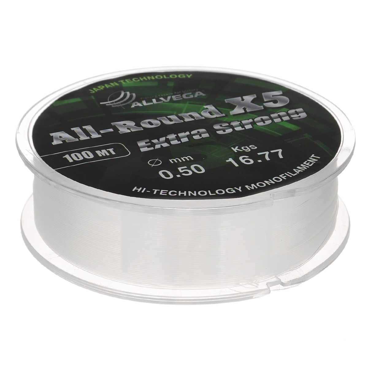 Леска Allvega All-Round X5, цвет: прозрачный, 100 м, 0,5 мм, 16,77 кг95440 Леска Allvega All-Round X5, цвет: прозрачный, 100 м, 0,5 мм, 16,77 кг95440Универсальная прозрачная леска Allvega All-Round X5, изготовленная из японского сырья. Обладает высокими разрывными и износостойкими характеристиками. Применяется в летних поплавочных оснастках. Зимой отлично подойдет для ловли на мормышку и для оснащения зимних поплавочных удочек.