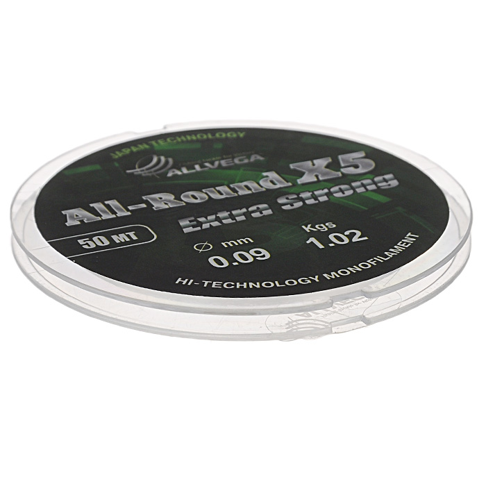 Леска Allvega All-Round X5, цвет: прозрачный, 50 м, 0,09 мм, 1,02 кгASSS15018 Леска Allvega All-Round X5, цвет: прозрачный, 50 м, 0,09 мм, 1,02 кгASSS15018Универсальная прозрачная леска Allvega All-Round X5, изготовленная из японского сырья. Обладает высокими разрывными и износостойкими характеристиками. Применяется в летних поплавочных оснастках. Зимой отлично подойдет для ловли на мормышку и для оснащения зимних поплавочных удочек.