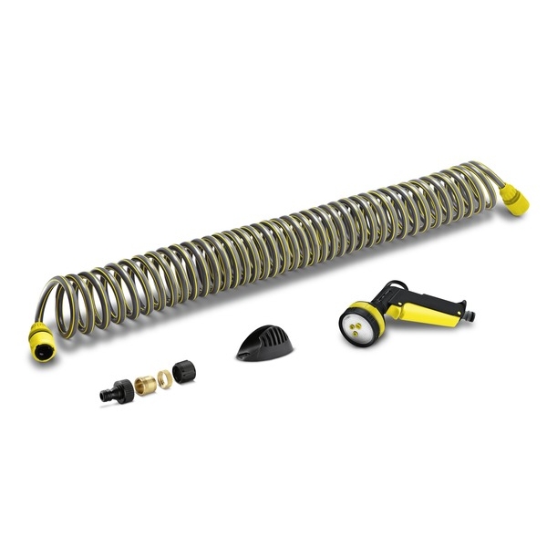 Шланг спиральный Karcher, с аксессуарами, 10 м 2.645-178.0LM-DE-LED-136-G Шланг спиральный Karcher, с аксессуарами, 10 м 2.645-178.0LM-DE-LED-136-GКомплект Karcher 2.645-178 предназначен специально для направленного полива растений на садовом участке и в огороде. С помощью специального рычага легко и просто выбирать один из четырех режимов полива. Имеет удобную рукоятку с нескользящим покрытием. Конструкция пистолета ударопрочная и надежная, выполнена из металла, что гарантирует длительный срок эксплуатации. Пистолет используется для орошения небольших по площади территорий. Также его можно применять для чистки мебели и садового оборудования. Шланг предназначен для быстрого полива небольшой по площади территории. Его можно растянуть на длину до 10 м, после чего он сам вернется в обратное состояние. Шланг изготовлен из экологичного материала, прочен, безопасен, устойчив к УФ-излучению. Коннектор предназначен для крепления шлангов диаметрами 1/2, 5/8, 3/4 к другим элементам системы полива. Крепежная часть, изготовленная из анодированного алюминия, прочна и надежна. Один из коннекторов имеет функцию аквастоп, что гарантирует надежную защиту от вытекания воды. При разъединении коннектора с распылителем или другим приспособлением автоматически прекращается подача воды. Штуцер предназначен для присоединения шланга к крану. Изготовлен из высококачественного материала. Для удобства использования имеет переходник, если диаметр резьбы будет не соответствовать резьбе крана. Также в набор входит настенный кронштейн для удобства хранения. В комплект входят: - спиральный шланг - 10 м; - 2 коннектора (один - с функцией Aqua Stop); - многофункциональный пистолет; - адаптер для подсоединения к водопроводному крану G3/4; - настенный кронштейн.