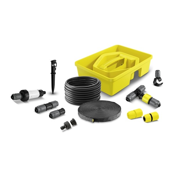 Комплект системы орошения Karcher 2.645-238.02.645-238.0 Комплект системы орошения Karcher 2.645-238.02.645-238.0Комплект Karcher находится в удобном пластиковом контейнере и состоит из сочащегося шланга 1/2 (10 м), системного шланга 1/2 (15 м) для подачи воды и установки форсунок и капельниц, 4 регулируемых тройников, 4 соединителей, 10 капельниц, 5 колышков для шлангов, 5 заглушек, 1 фильтра, 2 коннекторов и 1 штуцера для крана G1 с переходом на 3/4.