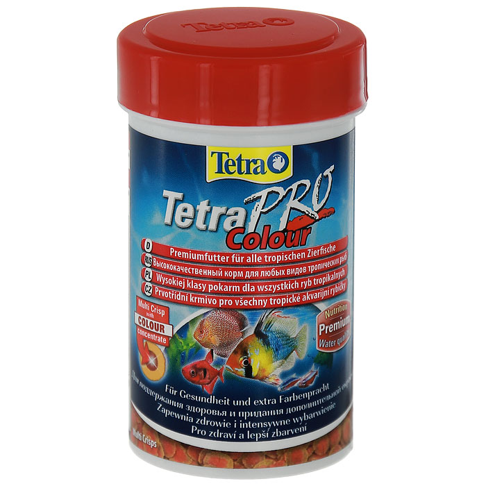 Корм сухой Tetra TetraPro. Colour для всех видов тропических рыб, чипсы, 250 мл (55 г)0120710 Корм сухой Tetra TetraPro. Colour для всех видов тропических рыб, чипсы, 250 мл (55 г)0120710Полноценный высококачественный корм Tetra TetraPro. Colour для всех видов тропических рыб разработан для поддержания здоровья и придания дополнительной энергии. Особенности Tetra TetraPro. Colour:- щадящая низкотемпературная технология изготовления для высокой питательной ценности и стабильности витаминов;- цветовой концентрат для превосходной природной окраски;- инновационная форма чипсов для минимального загрязнения воды отходами;- идеально подходит для любых видов разноцветных рыб;- легкое кормление. Рекомендации по кормлению: кормить несколько раз в день маленькими порциями.Состав: рыба и побочные рыбные продукты, зерновые культуры, экстракты растительного белка, дрожжи, моллюски и раки, масла и жиры, водоросли.Аналитические компоненты: сырой белок - 46%, сырые масла и жиры - 12%, сырая клетчатка - 3%, влага - 9%.Добавки: витамины, провитамины и химические вещества с аналогичным воздействием, витамин А 29810 МЕ/кг, витамин Д3 1860 МЕ/кг, Л-карнитин 123 мг/кг. Комбинации элементов: Е5 Марганец 67 мг/кг, Е6 Цинк 40 мг/кг, Е1 Железо 26 мг/кг. Красители, консерванты, антиоксиданты.Товар сертифицирован.