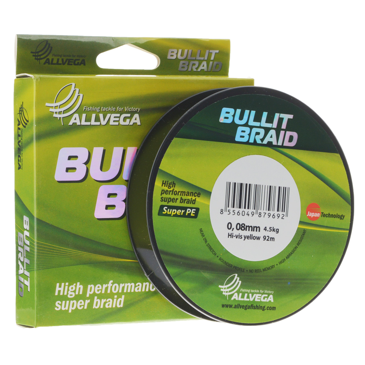 Леска плетеная Allvega Bullit Braid, цвет: ярко-желтая, 92 м, 0,08 мм, 4,5 кг31761 Леска плетеная Allvega Bullit Braid, цвет: ярко-желтая, 92 м, 0,08 мм, 4,5 кг31761Леска Allvega Bullit Braid разработана с учетом новейших японских технологий в сфере строения волокон. Благодаря микроволокнам полиэтилена (Super PE) леска имеет очень плотное плетение, не впитывает воду, имеет гладкую круглую поверхность и одинаковое сечение по всей длине.