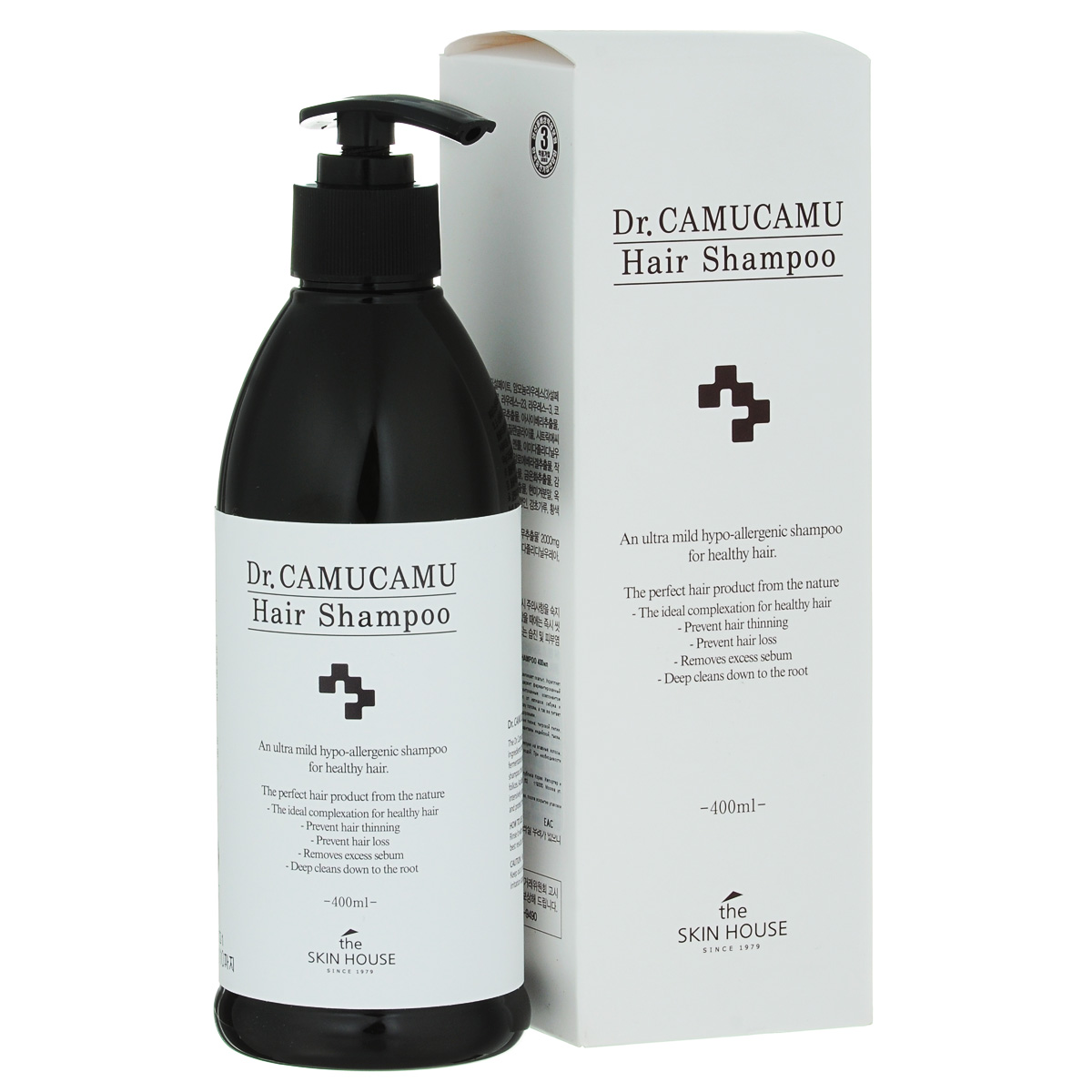 The Skin House Лечебный шампунь DR. Camucamu hair shampoo, 400 млFS-00897 The Skin House Лечебный шампунь DR. Camucamu hair shampoo, 400 млFS-00897Шампунь для волос эффективно борется с перхотью и оздоравливает скальп. Укрепляет и смягчает волосы, а так же успокаивает кожу головы. Содержит ферментированный экстракт рисовых отрубей, который является запатентованным компонентом TheSkinHouse. Этот экстракт увлажняет, очищает скальп от излишков себума и контролирует перхоть. Натуральный очиститель освежает кожу головы, а так же питает волосы от корней до самых кончиков, делая их красивыми и здоровыми.Содержит комплекс таких ингредиентов, как экстракты корня пиона, тигровой лилии, цветков лотоса, цветков жимолости японской, цветков хризантемы индийской, тыквы, листьев алоэ барбаденсис, ягод асаи и плодов мирциарии.