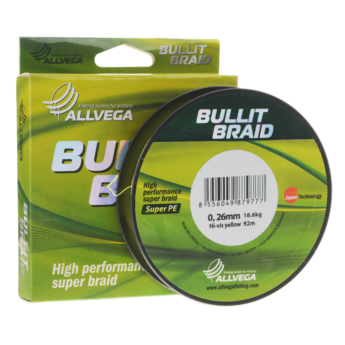 Леска плетеная Allvega Bullit Braid, цвет: ярко-желтый, 92 м, 0,26 мм, 18,6 кг21436 Леска плетеная Allvega Bullit Braid, цвет: ярко-желтый, 92 м, 0,26 мм, 18,6 кг21436Леска Allvega Bullit Braid с гладкой поверхностью и одинаковым сечением по всей длине обладает высокой износостойкостью. Благодаря микроволокнам полиэтилена (Super PE) леска имеет очень плотное плетение и не впитывает воду. Леску Allvega Bullit Braid можно применять в любых типах водоемов. Особенности:повышенная износостойкость;высокая чувствительность - коэффициент растяжения близок к нулю;отсутствует память; идеально гладкая поверхность позволяет увеличить дальность забросов; высокая прочность шнура на узлах.