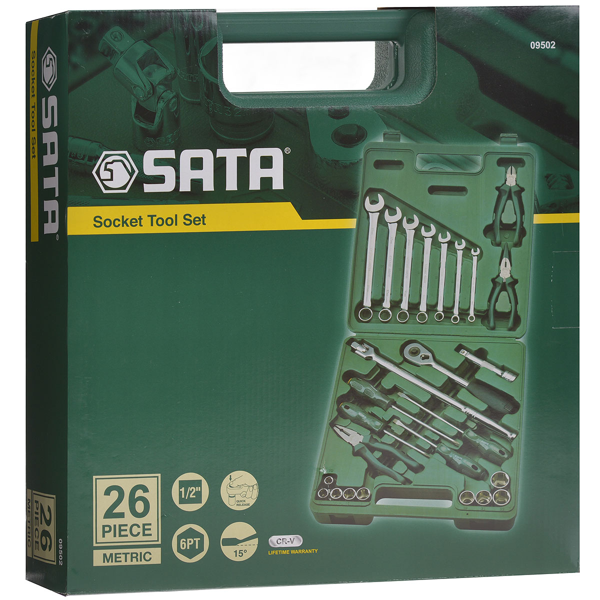 Набор инструментов SATA SATA 26 предметов. 0950280621 Набор инструментов SATA SATA 26 предметов. 0950280621Набор инструментов Sata - это необходимый предмет в каждом доме. Он включает в себя 26 предметов, которые умещаются в пластиковом кейсе. Такой набор будет идеальным подарком мужчине.Состав набора:Головки торцовые шестигранные 1/2: 10 мм, 12 мм, 14 мм, 16 мм, 17 мм, 19 мм, 21 мм, 22 мм, 24 мм.Ключи комбинированные: 8 мм, 10 мм, 12 мм, 14 мм, 16 мм, 17 мм, 19 мм.Ключ трещоточный 1/2.Удлинитель 1/2: 125 мм.Рычаг угловой 1/2: 260 мм.Отвертки Phillips: РН2 х 100 мм, РH2 х 150 мм.Отвертки шлицевые: 6 мм х 100 мм, 6 мм х 150 мм.Тонкогубцы: 150 мм. Бокорезы: 160 мм.Плоскогубцы: 180 мм.