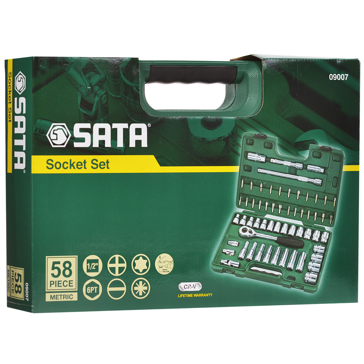 Набор торцевых головок SATA 58пр. 0900798298130 Набор торцевых головок SATA 58пр. 0900798298130Набор инструментов Sata - это необходимый предмет в каждом доме. Он включает в себя 58 предметов, и упакован в удобный пластиковый кейс. Такой набор будет идеальным подарком мужчине.Преимуществом любого набора марки SATA является то, что любую его составляющую вы можете приобрести отдельно.Состав набора: головки торцевые шестигранные удлиненные 1/2: 10 мм, 11 мм, 12 мм, 13 мм, 14 мм, 15 мм, 17 мм, 19 мм;головки торцевые шестигранные 1/2: 10 мм, 11 мм, 12 мм, 13 мм, 14 мм, 15 мм, 16 мм, 17 мм, 18 мм, 19 мм, 20 мм, 21 мм, 22 мм, 24 мм, 27 мм, 30 мм, 32 мм;биты шлицевые: 8 мм, 10 мм, 12 мм;биты Phillips: РН1, РН2, РН3, РН4;биты TORX: Т-20, Т-25, Т-30, Т-40, Т-45, Т-50, Т-55;биты НЕХ: 4 мм, 5 мм, 6 мм, 8 мм, 10 мм, 12 мм, 14 мм;привод 1/2;рукоятка реверсивная 1/2; удлинители 1/2: 125 мм, 250 мм; шарнир карданный 1/2; адаптер 1/2 - 3/8; адаптер для битов 1/2;свечные ключи 1/2: 16 мм, 21 мм.