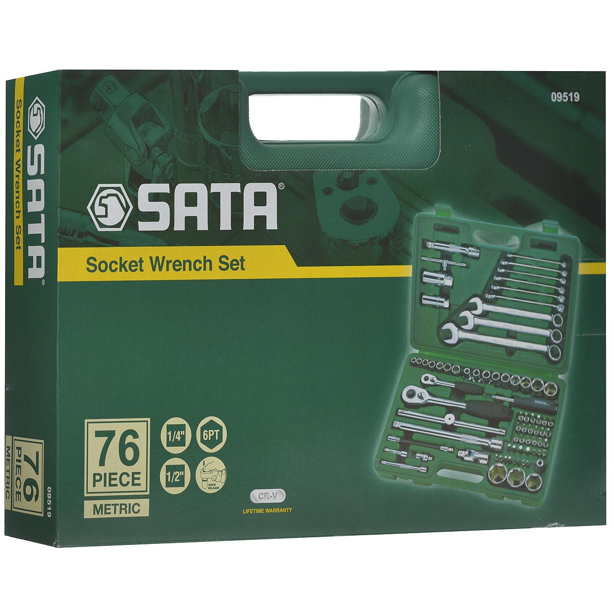Набор инструментов SATA 76пр. 0951909519 Набор инструментов SATA 76пр. 0951909519Набор инструментов Sata - это необходимый предмет в каждом доме. Он включает в себя 76 предметов, которые умещаются в небольшом пластиковом кейсе. Такой набор будет идеальным подарком мужчине.Состав набора:Биты шлицевые: 8 мм, 10 мм, 12 мм. Биты POZI: PZ1, PZ4. Биты Phillips: РН3, РН4. Биты TORX: Т40, T45, T50, T55. Биты HEX: 9 мм, 10 мм, 12 мм, 14 мм. Ключ свечной 1/2: 16 мм. Ключ свечной 1/2: 21мм. Биты шлицевые с хвостовиком под ключ 1/4: 4 мм, 5,5 мм, 6,5 мм. Биты POZI с хвостовиком под ключ 1/4: PZ1, PZ2. Биты Phillips с хвостовиком под ключ 1/4: PH1, PH2. Биты TORX с хвостовиком под ключ 1/4: Т8, T10, T15, T20, T25, T30, T40. Биты HEX с хвостовиком под ключ 1/4: 3 мм, 4 мм, 5 мм, 6 мм. Привод 1/2. Рукоятка реверсивная 1/2. Удлинитель 1/2: 125мм. Удлинитель 1/2: 250 мм. Вороток 1/2: 250 мм. Шарнир карданный 1/2. Адаптер для битов 1/2. Головки торцевые шестигранные 1/4: 8 мм, 9 мм, 10 мм, 11 мм, 12 мм, 13 мм, 14 мм. Головки торцевые шестигранные 1/2: 8 мм, 10 мм, 12 мм, 13 мм, 14 мм, 17 мм, 19 мм, 22 мм, 24 мм, 27 мм, 30 мм, 32 мм. Ключи комбинированные: 8 мм, 10 мм, 11 мм, 12 мм, 13 мм, 14 мм, 17 мм, 19 мм, 22 мм. Привод 1/4. Рукоятка реверсивная 1/4. Удлинитель 1/4: 50 мм. Удлинитель 1/4: 100 мм. Вороток 1/4: 100 мм. Рукоятка отверточная 1/4. Шарнир карданный 1/4. Удлинитель гибкий 1/4: 150 мм.