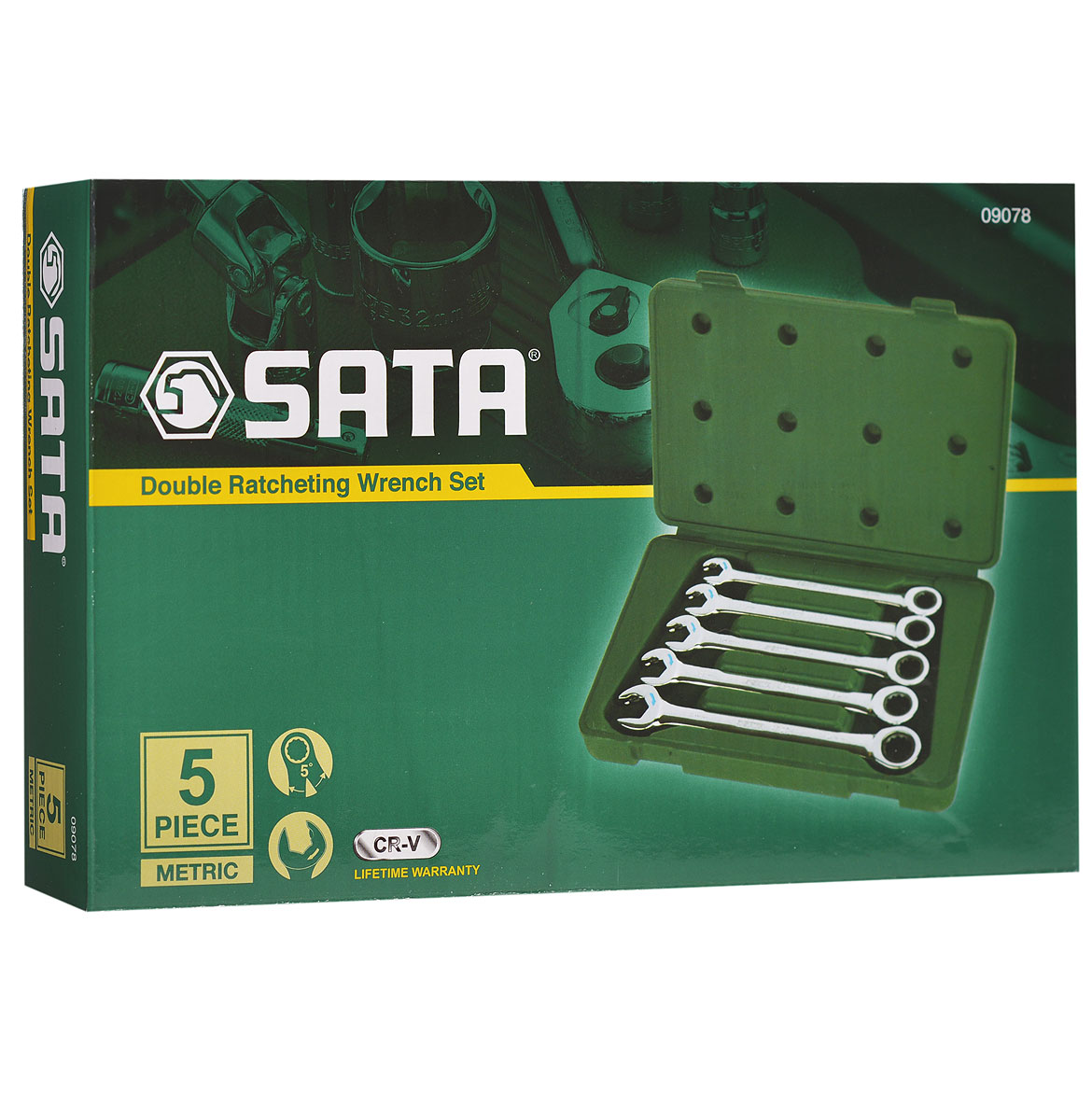 Набор ключей SATA 5пр. 09078Psr 1440 li-2 Набор ключей SATA 5пр. 09078Psr 1440 li-2Метрические комбинированные укороченные ключи Sata с реверсивным трещоточным механизмом предназначены для монтажа/демонтажа резьбовых соединений. Инструменты выполнены из высококачественной хромованадиевой стали. В комплекте пластиковый кейс для переноски и хранения.В набор входят ключи размером: 10 мм, 11 мм, 12 мм, 13 мм, 14 мм.
