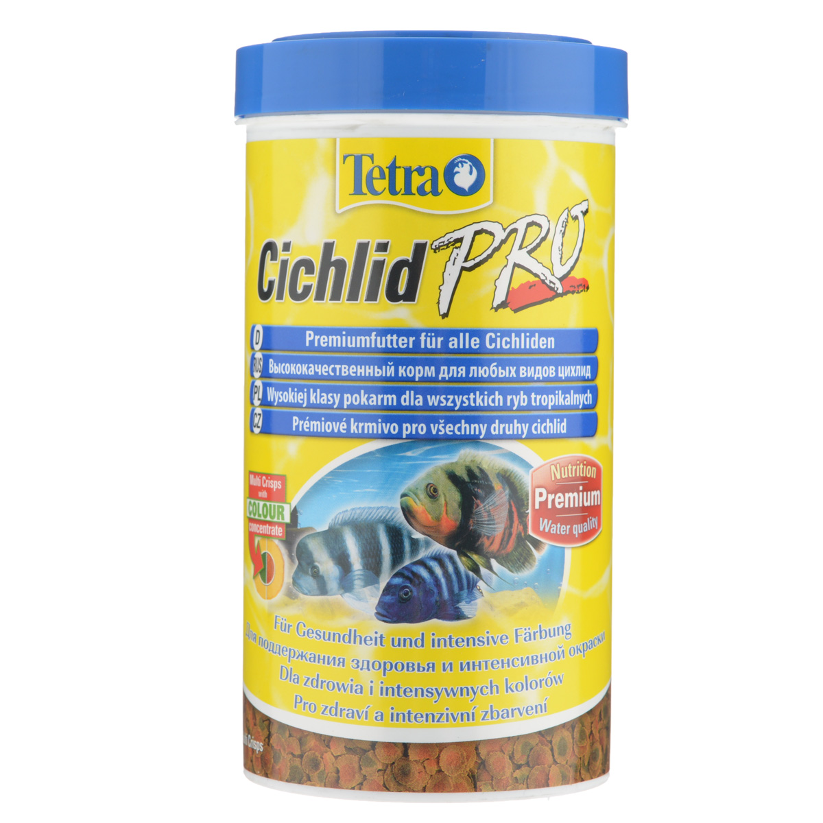 Корм сухой Tetra Cichlid Pro для любых видов цихлид, в виде мульти-чипсов, 500 мл0120710 Корм сухой Tetra Cichlid Pro для любых видов цихлид, в виде мульти-чипсов, 500 мл0120710Полноценный растительный корм Tetra Cichlid Pro для всех видов цихлид разработан для поддержания здоровья и интенсивной окраски. Особенности Tetra Goldfish Pro:низкотемпературный производственный процесс обеспечивает высокие питательные свойства,высокое содержание природных усилителей цвета и специальных ингредиентов гарантирует полноцветную, красивую и богатую окраску,инновационная форма чипсов для минимального загрязнения воды отходами,запатентованная формула BioActive поддерживает здоровую иммунную систему. Рекомендации по кормлению: кормить несколько раз в день маленькими порциями.Характеристики:Состав: рыба и побочные рыбные продукты, зерновые культуры, экстракты растительного белка, дрожжи, моллюски и раки, масла и жиры, водоросли.Пищевая ценность: сырой белок - 47%, сырые масла и жиры - 11%, сырая клетчатка - 2%, влага - 8%.Добавки: витамины, провитамины и химические вещества с аналогичным воздействием, витамин А 29900 МЕ/кг, витамин Д3 1870 МЕ/кг, Л-карнитин 123 мг/кг. Комбинации элементов: Е5 Марганец 67 мг/кг, Е6 Цинк 40 мг/кг, Е1 Железо 26 мг/кг. Красители, консерванты, антиоксиданты.Вес: 500 мл (115 г).