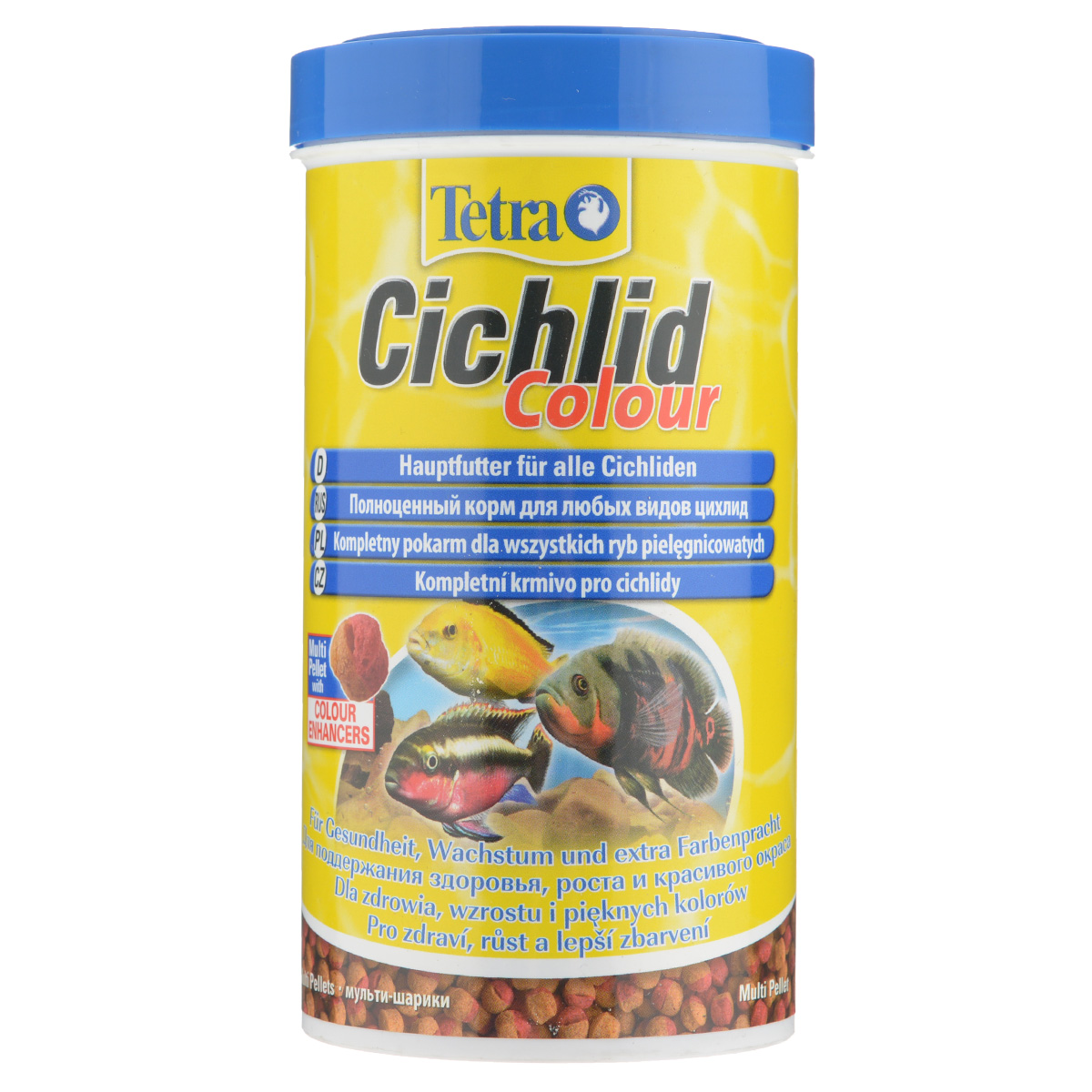 Корм сухой Tetra Cichlid. Colour для любых видов цихлид, шарики, 500 мл (165 г)0120710 Корм сухой Tetra Cichlid. Colour для любых видов цихлид, шарики, 500 мл (165 г)0120710Полноценный растительный корм Tetra Cichlid. Colour для всех видов цихлид разработан для поддержания здоровья, роста и красивого окраса. Особенности Tetra Cichlid. Colour:Богатое содержание высококачественного белка и других питательных веществ удовлетворяет потребности в питании.Новая форма корма в виде шариков с полезным концентратом содержит природные усилители цвета для яркой окраски все видов красных, оранжевых и желтых цихлид. Особенно подходит для всеядных и травоядных цихлид. Запатентованная формула BioActive - для поддержания здоровья и продолжительной жизни. Рекомендации по кормлению: кормить несколько раз в день маленькими порциями.Состав: зерновые культуры, экстракты растительного белка, рыба и побочные рыбные продукты, дрожжи, моллюски и раки, масла и жиры, водоросли, минеральные вещества.Пищевая ценность: сырой белок - 43%, сырые масла и жиры - 5%, сырая клетчатка - 2%, влага - 8%.Добавки: витамины, провитамины и химические вещества с аналогичным воздействием, витамин А 30180 МЕ/кг, витамин Д3 1885МЕ/кг. Комбинации элементов: Е5 Марганец 100 мг/кг, Е6 Цинк 63 мг/кг, Е1 Железо 41 мг/кг, Е3 Кобальт 0,7 мг/кг. Красители, антиоксиданты.Товар сертифицирован.