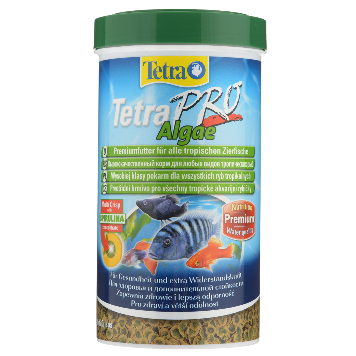 Корм сухой Tetra TetraPro. Algae для всех видов тропических рыб, чипсы, 500 мл (95 г)0120710 Корм сухой Tetra TetraPro. Algae для всех видов тропических рыб, чипсы, 500 мл (95 г)0120710Полноценный высококачественный корм Tetra TetraPro. Algae для всех видов тропических рыб разработан для поддержания здоровья и придания дополнительной стойкости. Особенности Tetra TetraPro. Algae: - щадящая низкотемпературная технология изготовления для высокой питательной ценности и стабильности витаминов;- концентрат спирулина для повышения сопротивляемости организма;- инновационная форма чипсов для минимального загрязнения воды;- идеально подходит для растительноядных рыб;- легкое кормление. Рекомендации по кормлению: кормить несколько раз в день маленькими порциями.Состав: рыба и побочные рыбные продукты, зерновые культуры, экстракты растительного белка, дрожжи, моллюски и раки, масла и жиры, водоросли (спирулина 1%).Аналитические компоненты: сырой белок - 46%, сырые масла и жиры - 12%, сырая клетчатка - 3%, влага - 9%.Добавки: витамины, провитамины и химические вещества с аналогичным воздействием, витамин А 29810 МЕ/кг, витамин Д3 1860 МЕ/кг, Л-карнитин 123 мг/кг. Комбинации элементов: Е5 Марганец 67 мг/кг, Е6 Цинк 40 мг/кг, Е1 Железо 26 мг/кг. Красители, консерванты, антиоксиданты.Товар сертифицирован.