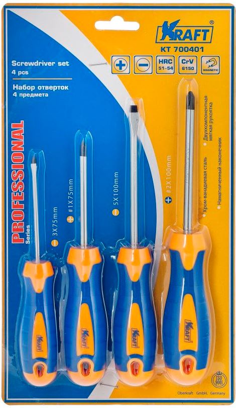 Набор отверток Kraft Professional, 4 шт98298130 Набор отверток Kraft Professional, 4 шт98298130Набор отверток Kraft Professional предназначен для монтажа и демонтажа резьбовых соединений. Инструменты выполнены из высококачественной хромованадиевой стали. Отвертки оснащены намагниченным наконечником и двухкомпонентной мягкой рукояткой, обеспечивающей надежный и удобный хват.Состав набора:Отвертки крестовые: PH2 x 100 мм, PH1 х 75 мм.Отвертки шлицевые: 5 мм х 100 мм, 3 мм х 75 мм.Длина отверток: 16 см; 17 см; 19,5 см; 20,5 см.