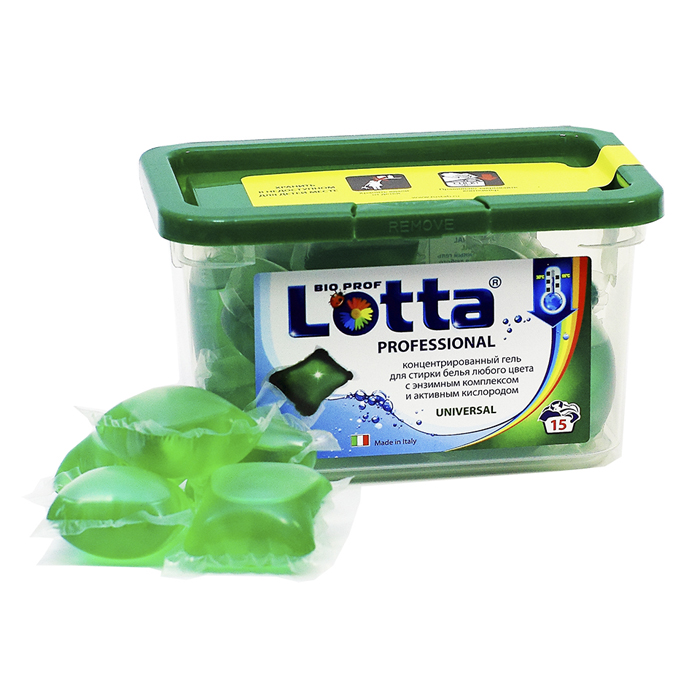 Гель для стирки Lotta Universal, концентрированный, в капсулах, 15 штS03301004 Гель для стирки Lotta Universal, концентрированный, в капсулах, 15 штS03301004Концентрированный гель Lotta Universal в капсулах - новое инновационное средство для идеальной стирки любого белья в автоматизированных стиральных машинах. Энзимный комплекс и активный кислород, входящие в состав геля, эффективно удаляют любые загрязнения, при этом сохраняют цвет белья. Отличный результат даже при температуре 30°С. В комплект входит 15 капсул. Состав: анионные и неионные ПАВ 15%-30%, мыло >5%, фосфонаты, оптический отбеливатель, энзимный комплекс, активный кислород. Товар сертифицирован.